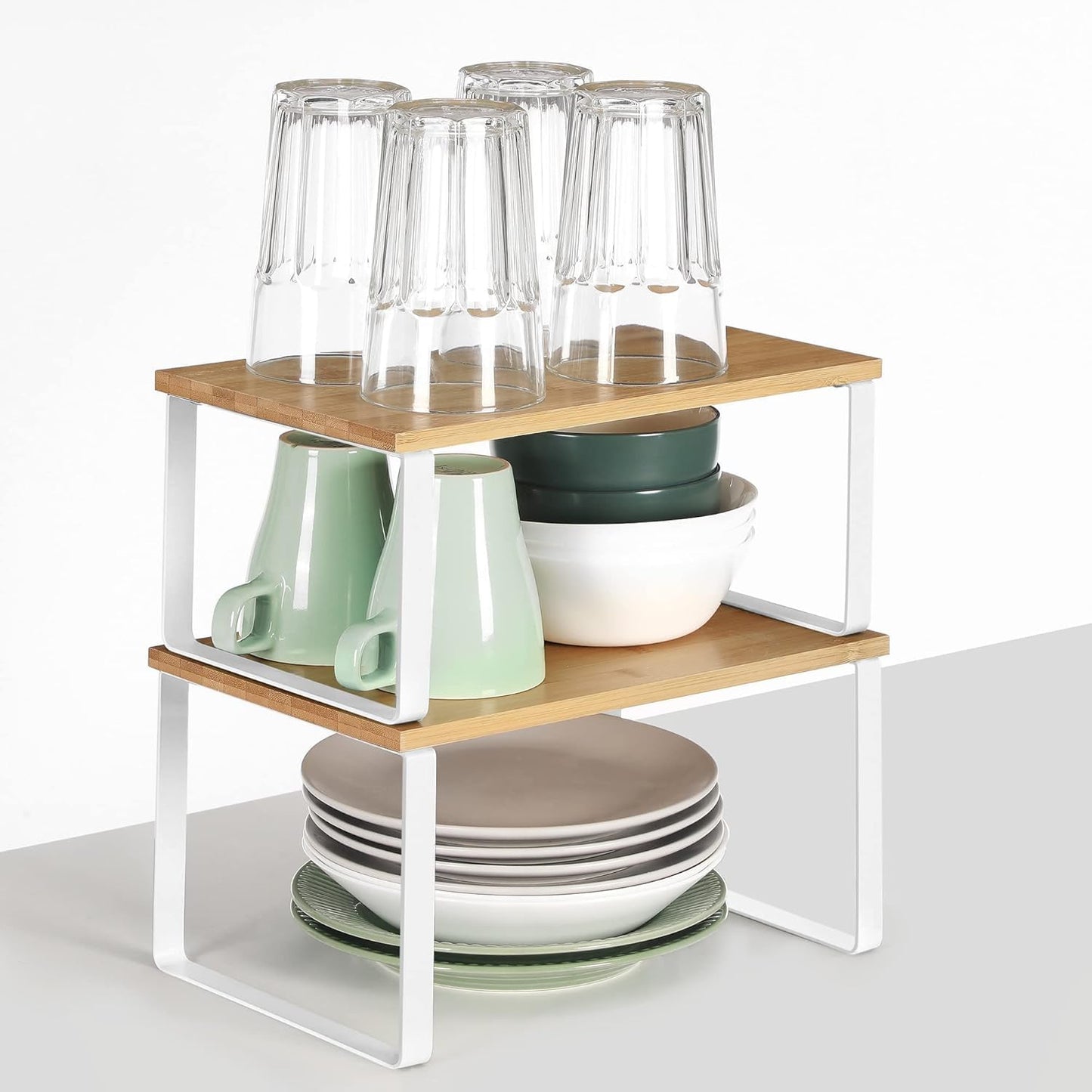 SKY-TOUCH Stackable Kitchen Organizer Shelf, Set of 2 Counter Shelves– 30×19×14cm & 30×19.5×16cm, Natural wood color rack, Metal & Engineered Wood, Storage Solution for Pantry & Countertop