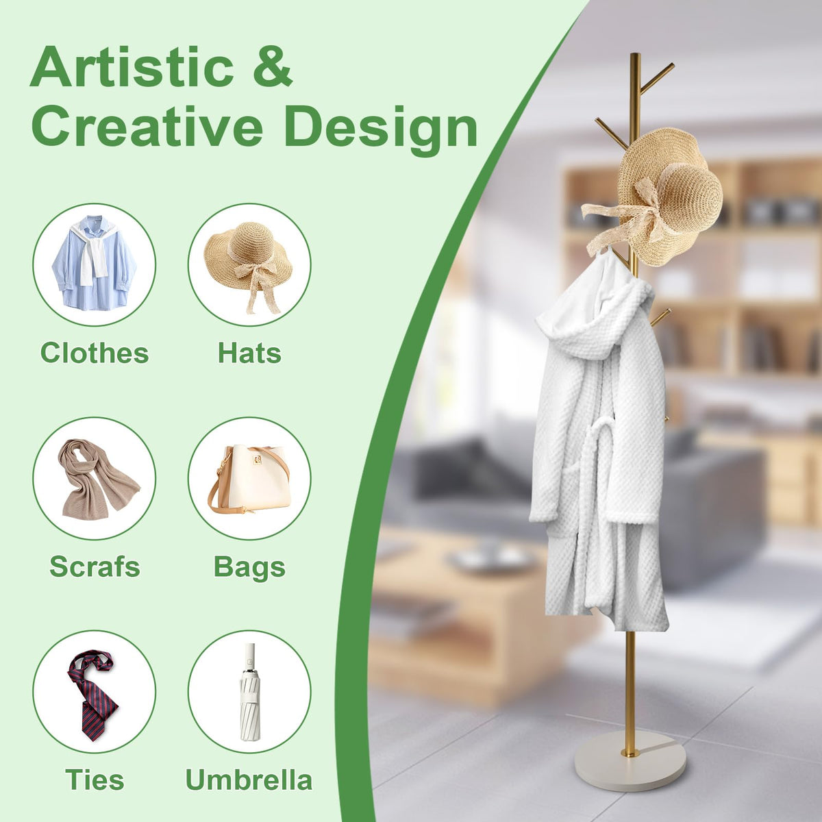 SKY-TOUCH Free Standing Hall Coat Tree with 7 Hooks, Stand Tree Rack with Marble Round Base, Entryway Coat Stand for Purses, Clothes, Scarves, for Hallway, Bedroom, Living Room, Golden-170*30*30cm
