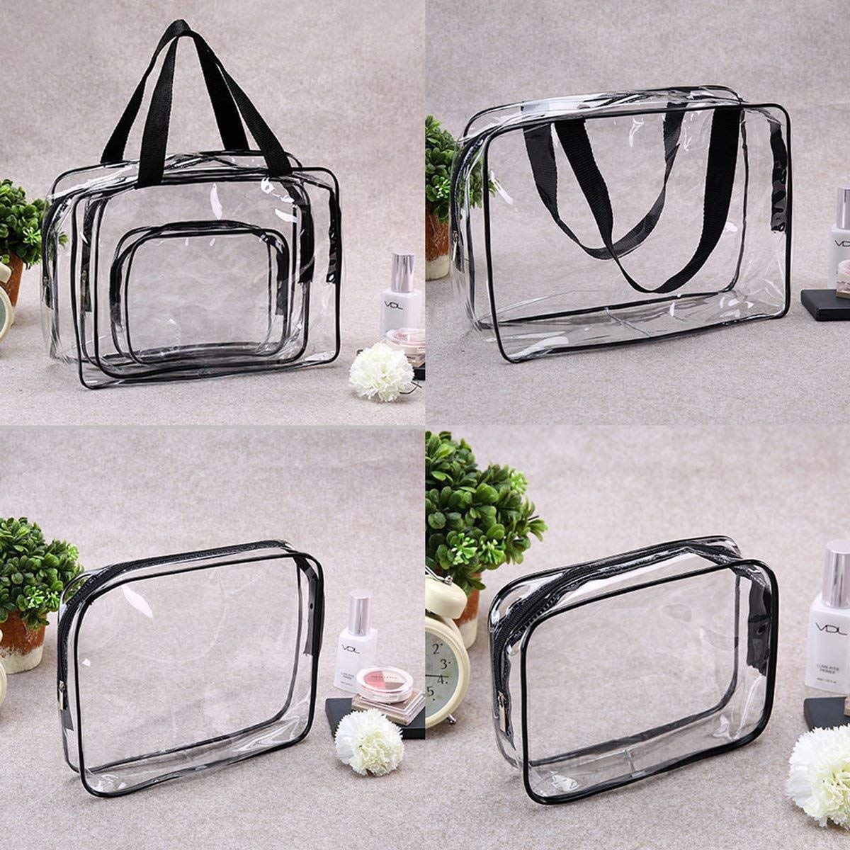 3Pcs Clear Cosmetic Bag Vinyl Air Travel Toiletry Bags Bulk, Water Resistant PVC Packing Cubes with Zipper Closure & Carry Handle for Women Baby Men, Make up brush Case Beach Pool Spa Gym Bag, Black