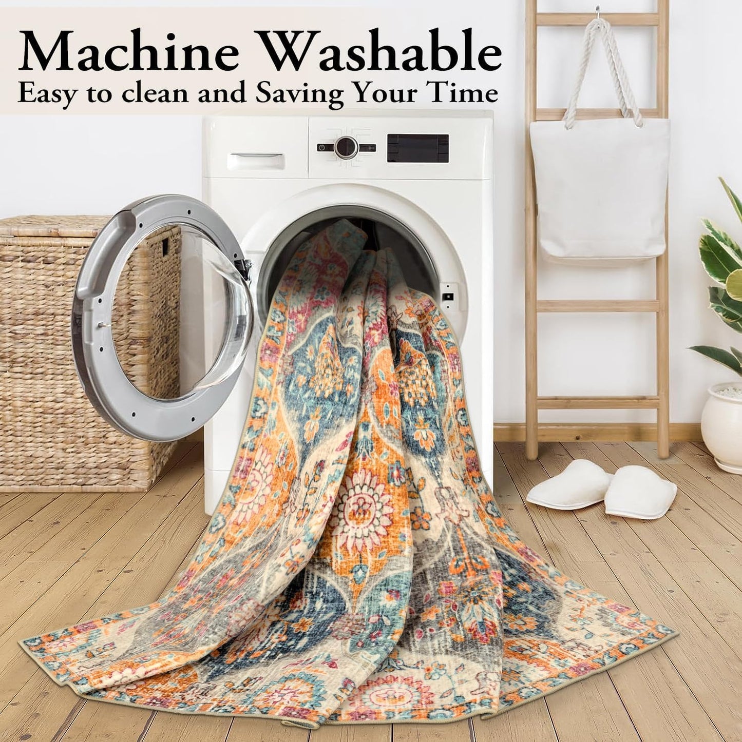 SKY-TOUCH Moroccan Retro Washable Area Rug, 100x160cm Soft Rug for Bedroom Kitchen Office Entryway Bathroom, Non-Slip Oriental Accent Throw Carpet,Cream/Multi Color