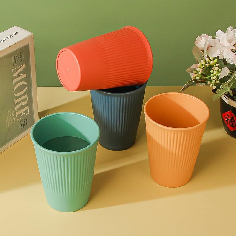 SKY-TOUCH 4 Pack Wheat Straw Cups, 12 oz Reusable Unbreakable Drinking Cups with 3D Textured Stripe Design, BPA-Free, Dishwasher Safe, Includes Yellow, Orange, Dark Blue & Dark Green
