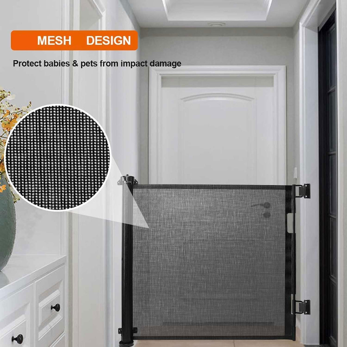 SKY-TOUCH Retractable Baby Safety Gate (180 x 86 cm Mesh Pet Gate) – Drill-Mount Installation, Adjustable Width Suitable for Stairs, Doorways, and Hallways, Grey