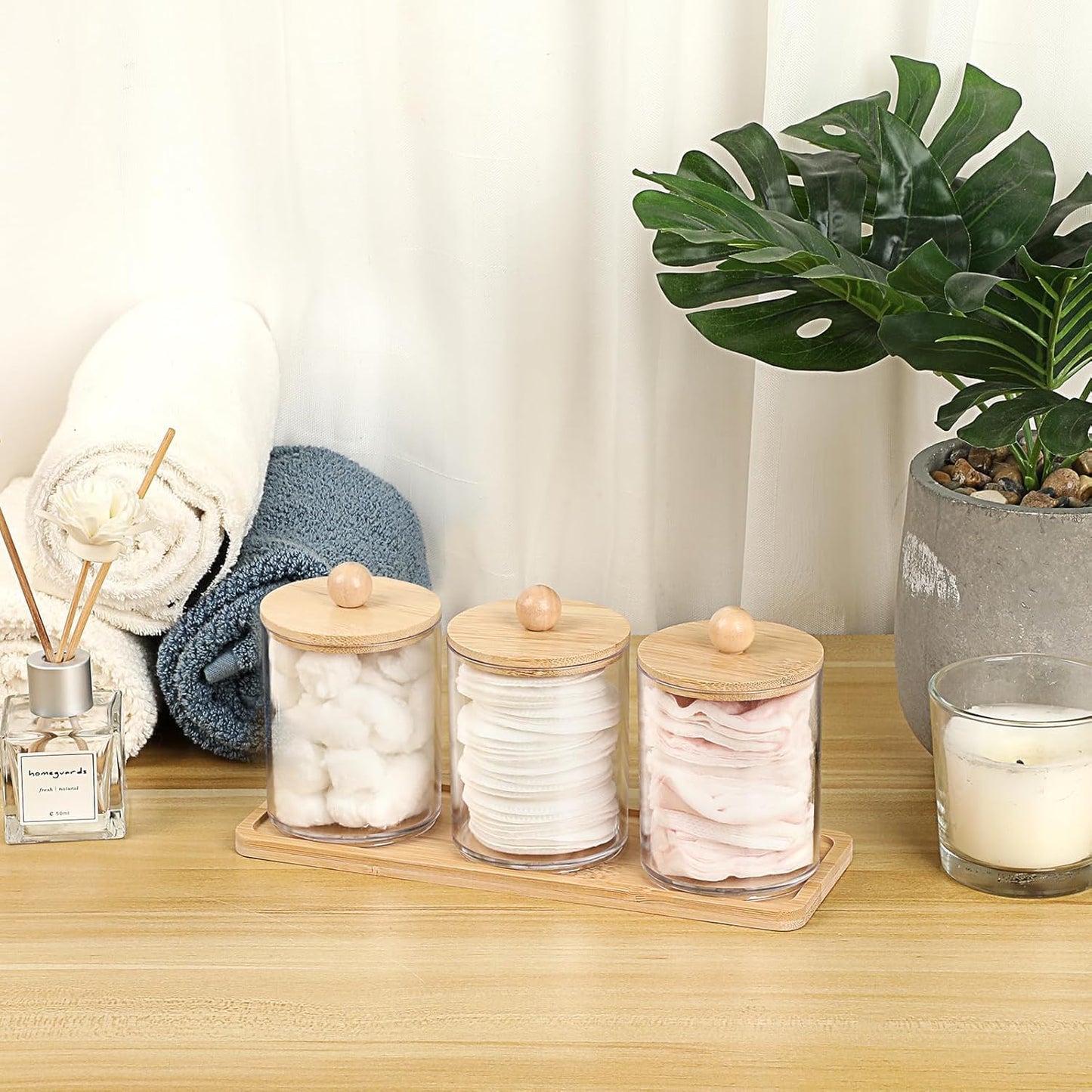 SKY-TOUCH 3-Pack Bathroom Jars Qtip Jars with Bamboo Lids, Acrylic Clear Apothecary Canisters for Cotton Balls, Q-tips, Floss, and Swabs – Includes Tray for Organized Bathroom Accessories