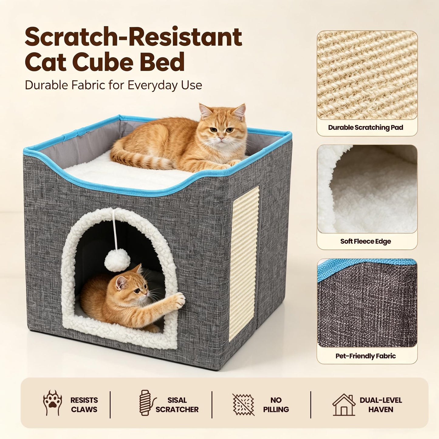 SKY-TOUCH Foldable Cat House Cave Bed with Scratching Board & Fluffy Ball, Indoor Cat Igloo Bed for Multi Small Pets, Grey – Pet Safe Durable, 41x41x35cm