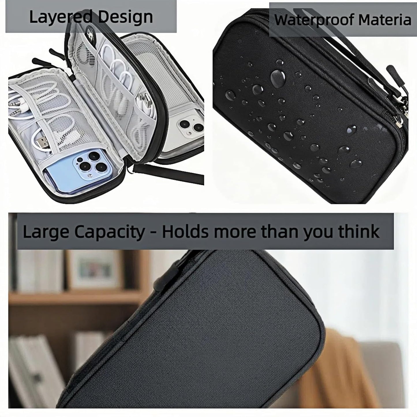 SKY-TOUCH Portable Waterproof Electronic Accessory Organizer Bag – Suitable for Cables, Chargers, Phones, Earphones, and More (Black)