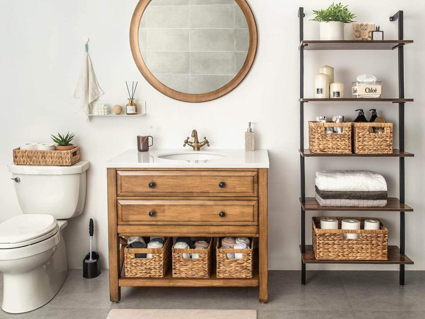 SKY-TOUCH Wicker Storage Baskets Set of 3, Handwoven Paper Rope Baskets with Wooden Handles, Decorative Organizer for Tabletop, Cabinet, Shelf, Pantry and Home Storage