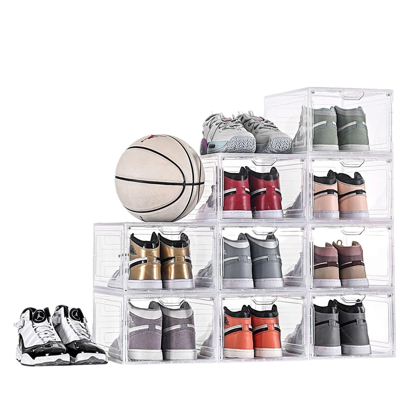 SKY-TOUCH Shoe Storage Box, 6 Pcs Shoe Box Clear Plastic Stackable, Sturdy Foldable Shoe Organizer Containers with Magnetic Door for Women/Men, White, 33.5x25x18cm