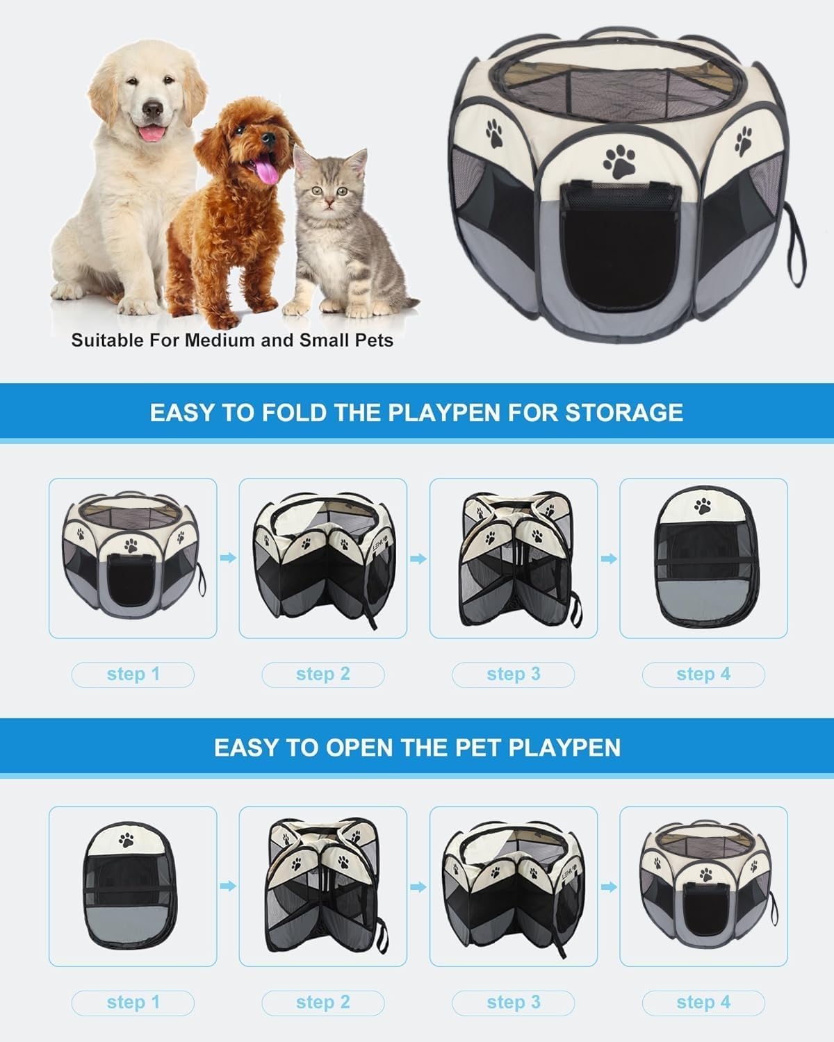 SKY-TOUCH Pet Playpen Portable Dog Pen Foldable Pop Up Cat Play Pen, Oxford Fabric Soft Dog Crate Cage Puppy Pen for Indoors Outdoor Travel,Folding Tent Whelping Box for Indoor, 82x82x59cm, Grey