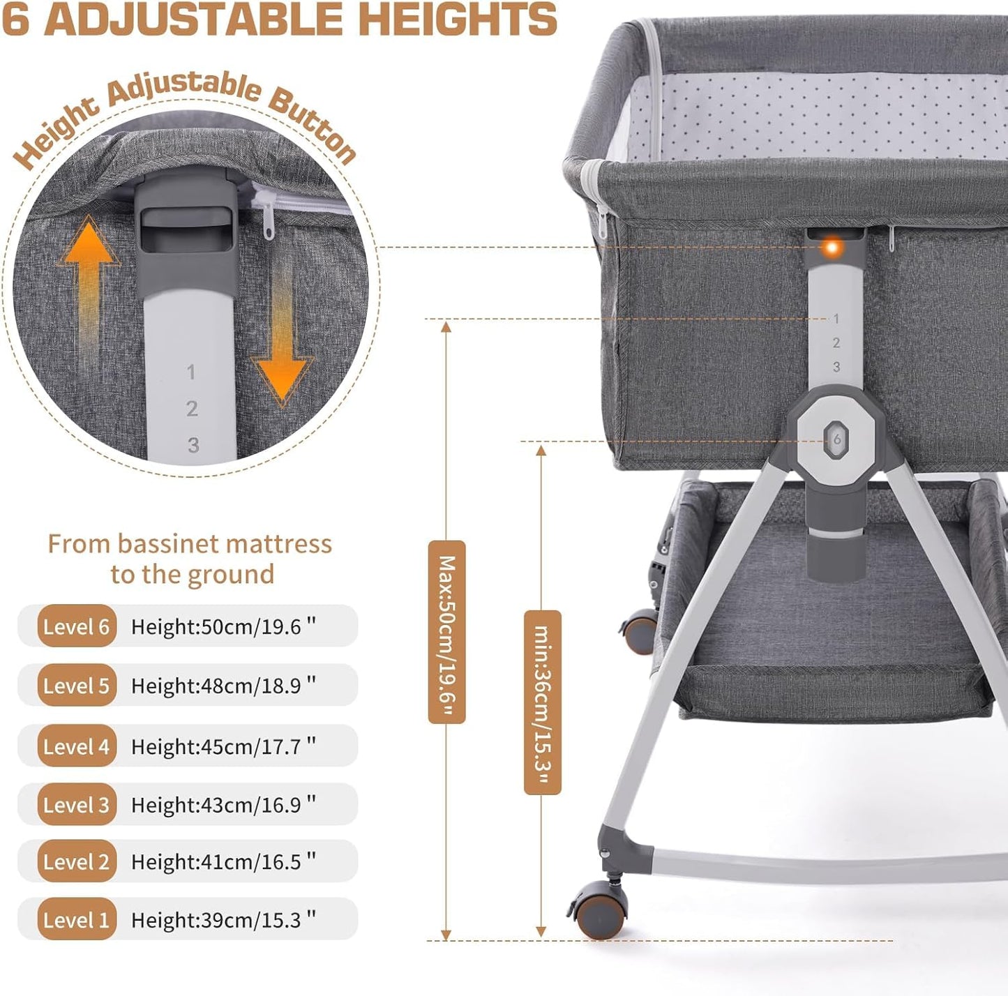 SKY-TOUCH Baby Bedside Crib Adjustable, Baby Cradle with Large Storage Basket, Travel Crib with Mattress Breathable Net,Mosquito Detachable, Soft s 360°Swivel Wheels, for Infants Newborn, Grey
