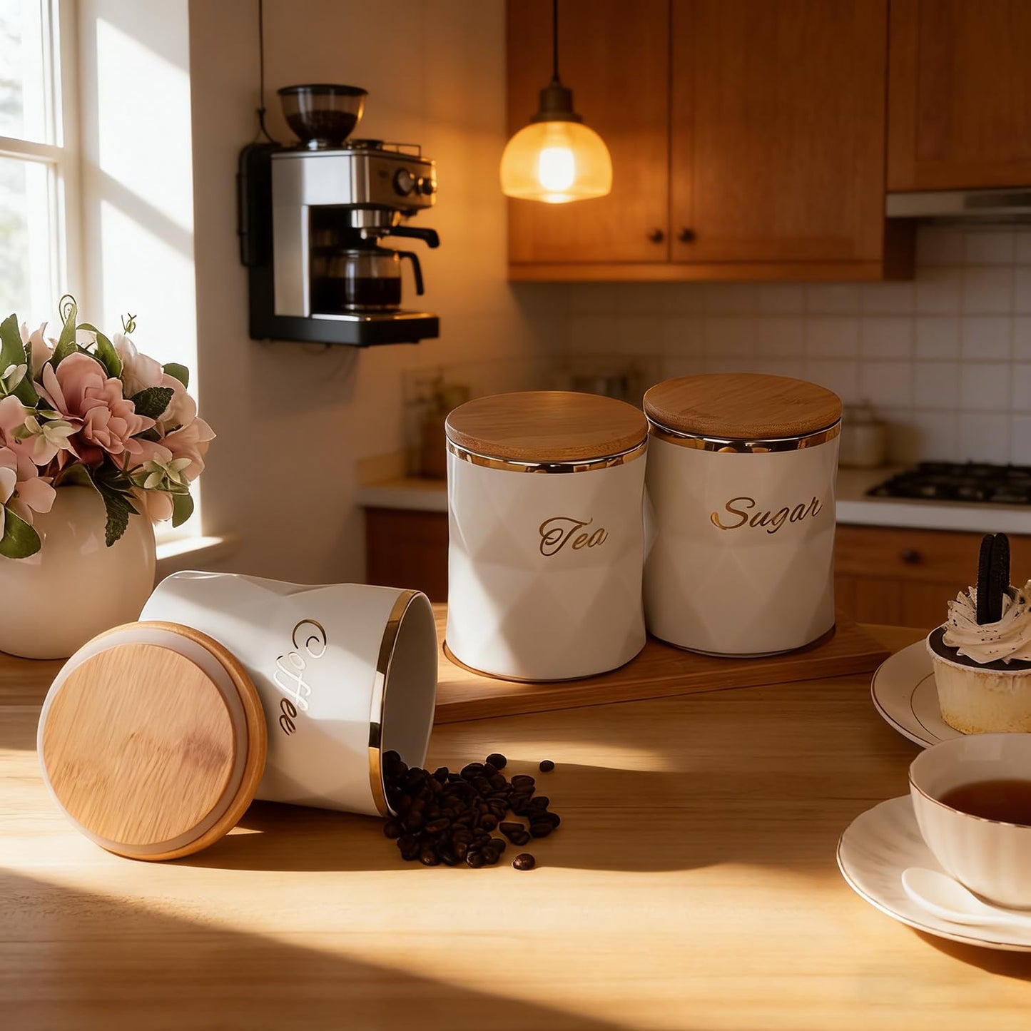 SKY-TOUCH Ceramic Canisters Set of 3 - Airtight Storage Jars for Sugar, Coffee & Tea | Elegant Kitchen Counter & Dining Room Decor with Lids