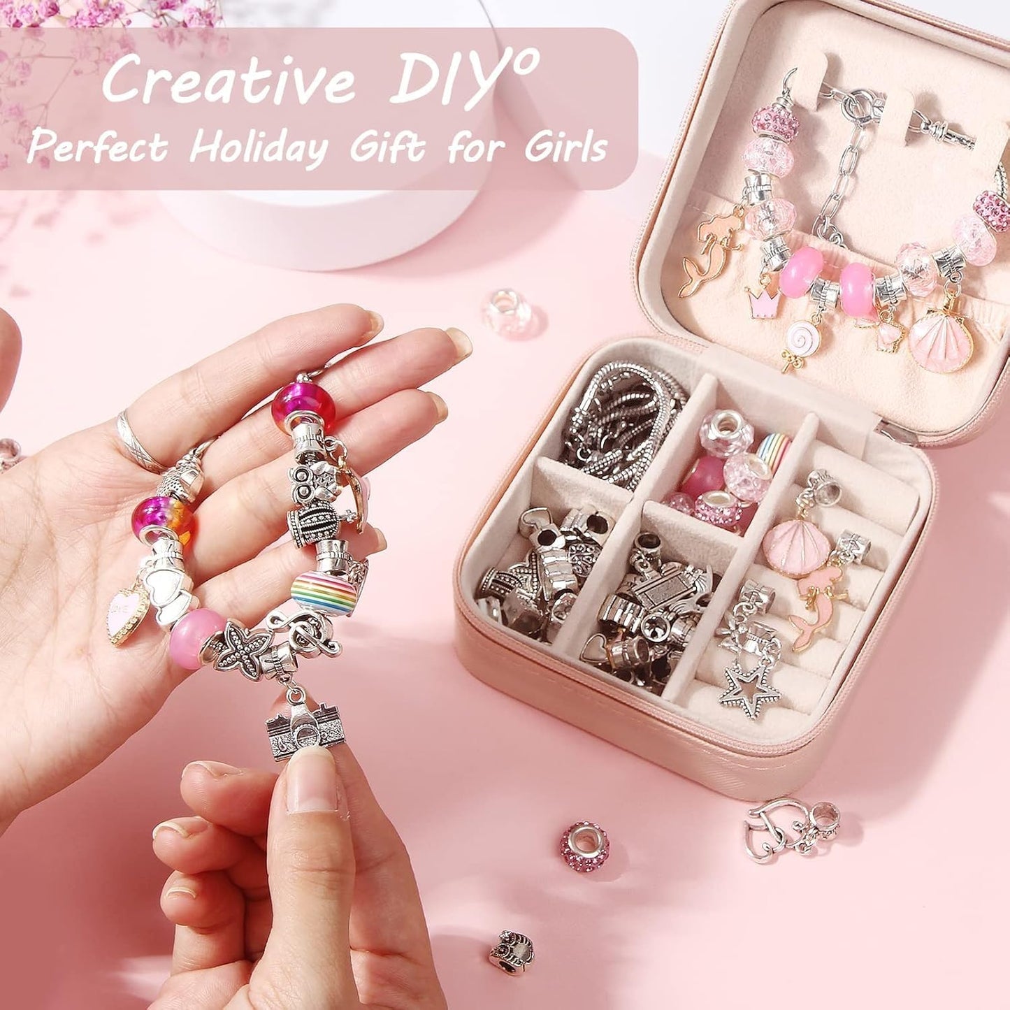 SKY-TOUCH Charm Bracelet Making Kit for Girls, 68pcs DIY Jewelry Making Kits with Box, Gift for Craft Toys Birthday Christmas for Girls Toys Age 6-12
