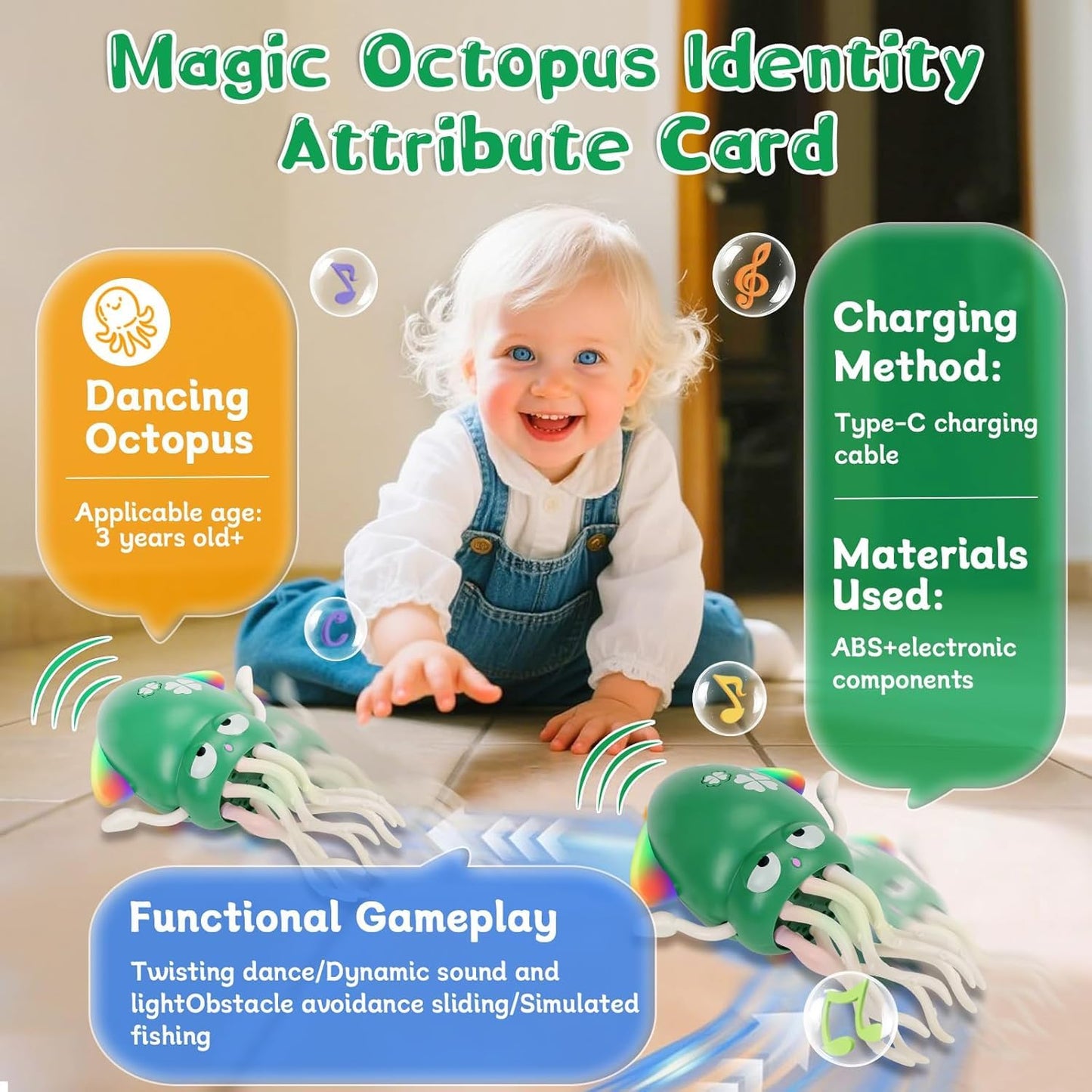 SKY-TOUCH Dancing Squid Toy, Rechargeable Crawling Octopus Toy with LED Light ＆ Music, Funny Electric Baby Sensory Toys, Magical Dancing Toys for 1 2 3 + Year Old Boys Girls