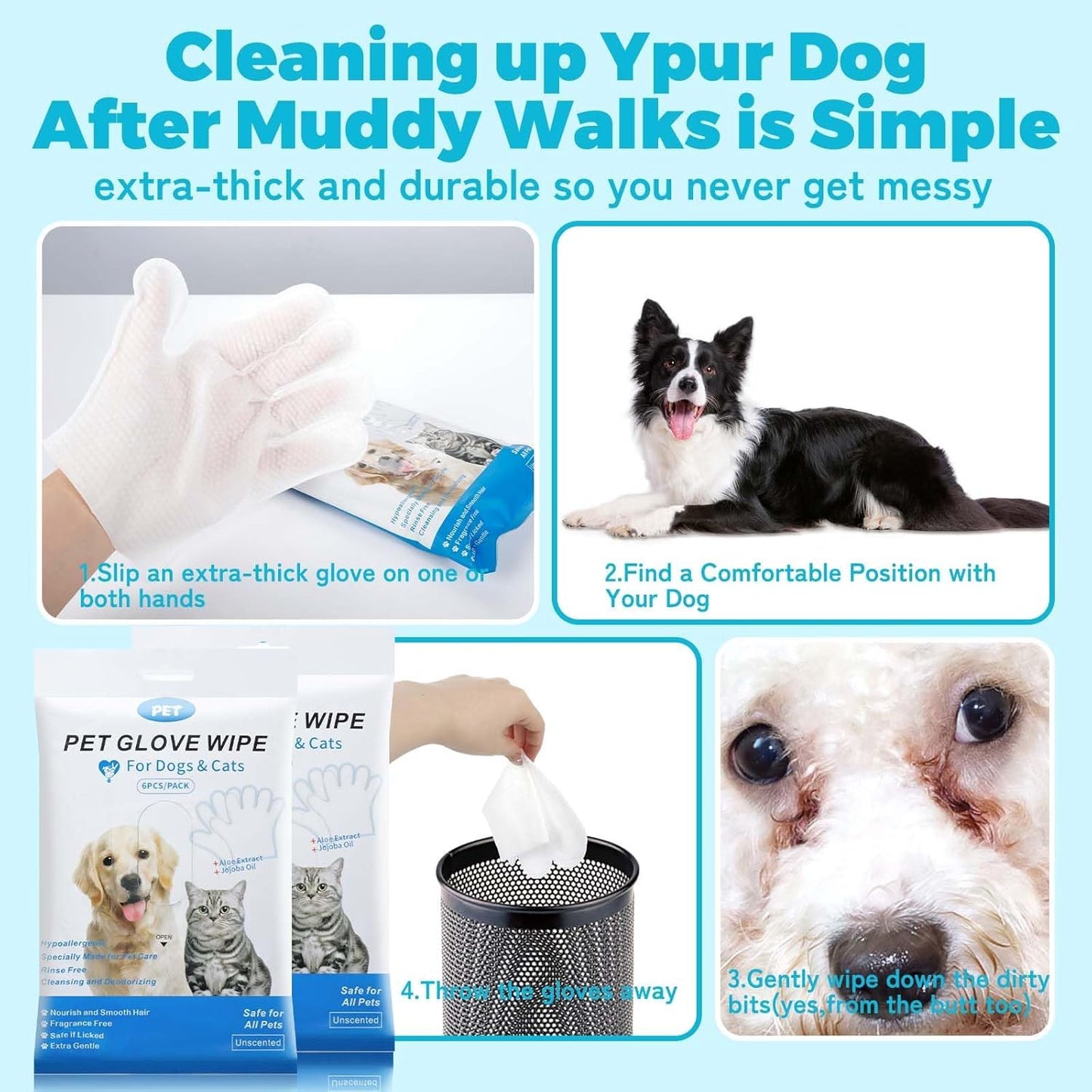 SKY-TOUCH 6Pcs Extra Thick Pet Washing Glove Wipe, Rinse-Free Cleaning & Deodorizing Bathing Mitts, Hypoallergenic Grooming Gloves, Moisturizing & Odor Control for Cat & Dog Daily Care and Travel