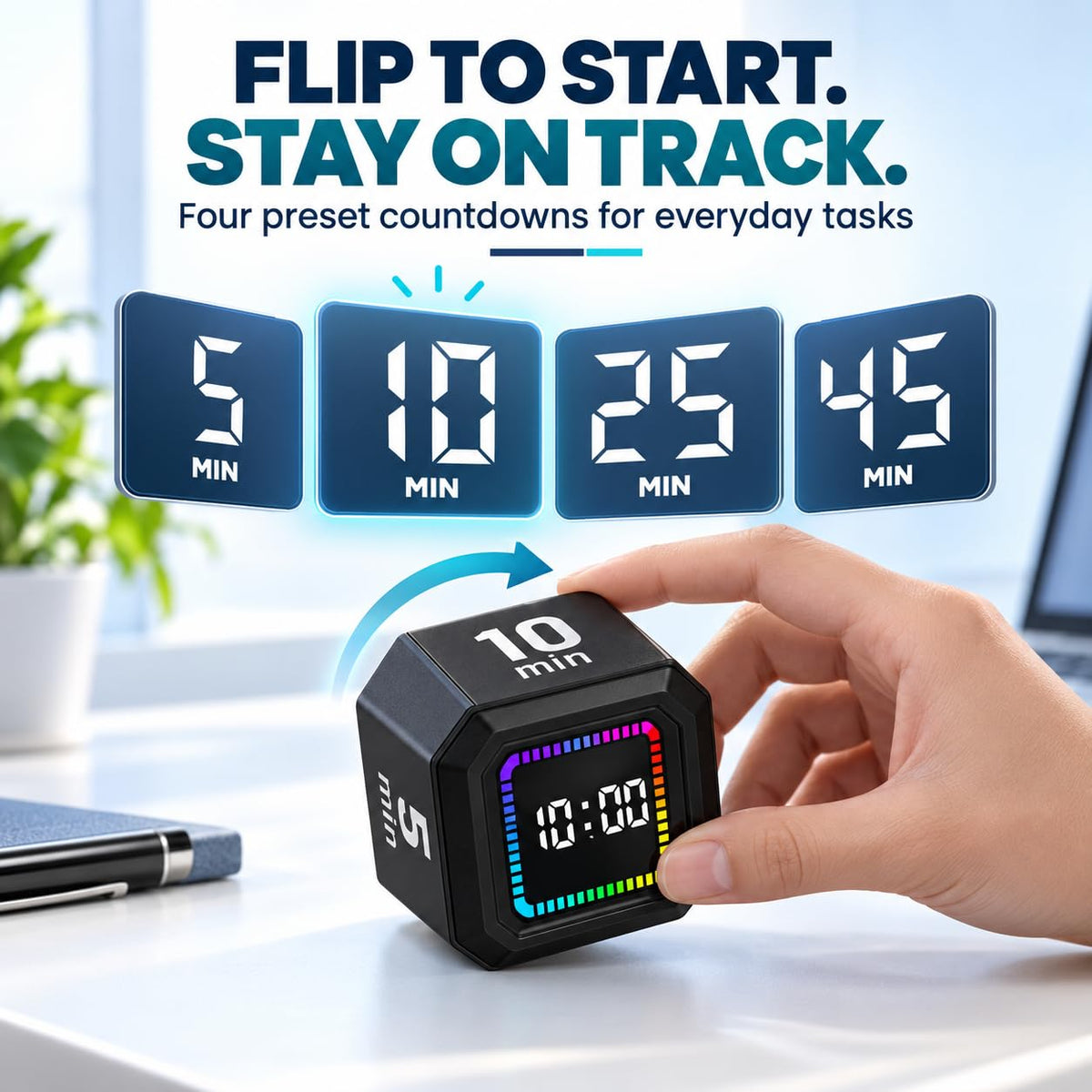 SKY-TOUCH Cube Timer, Flip Gravity Visual Timer with 5/10/25/45 Min Presets, Custom Count Up/Down, Magnetic Back, Rechargeable, 3 Alert Modes for Study, Work, Cooking (Black)