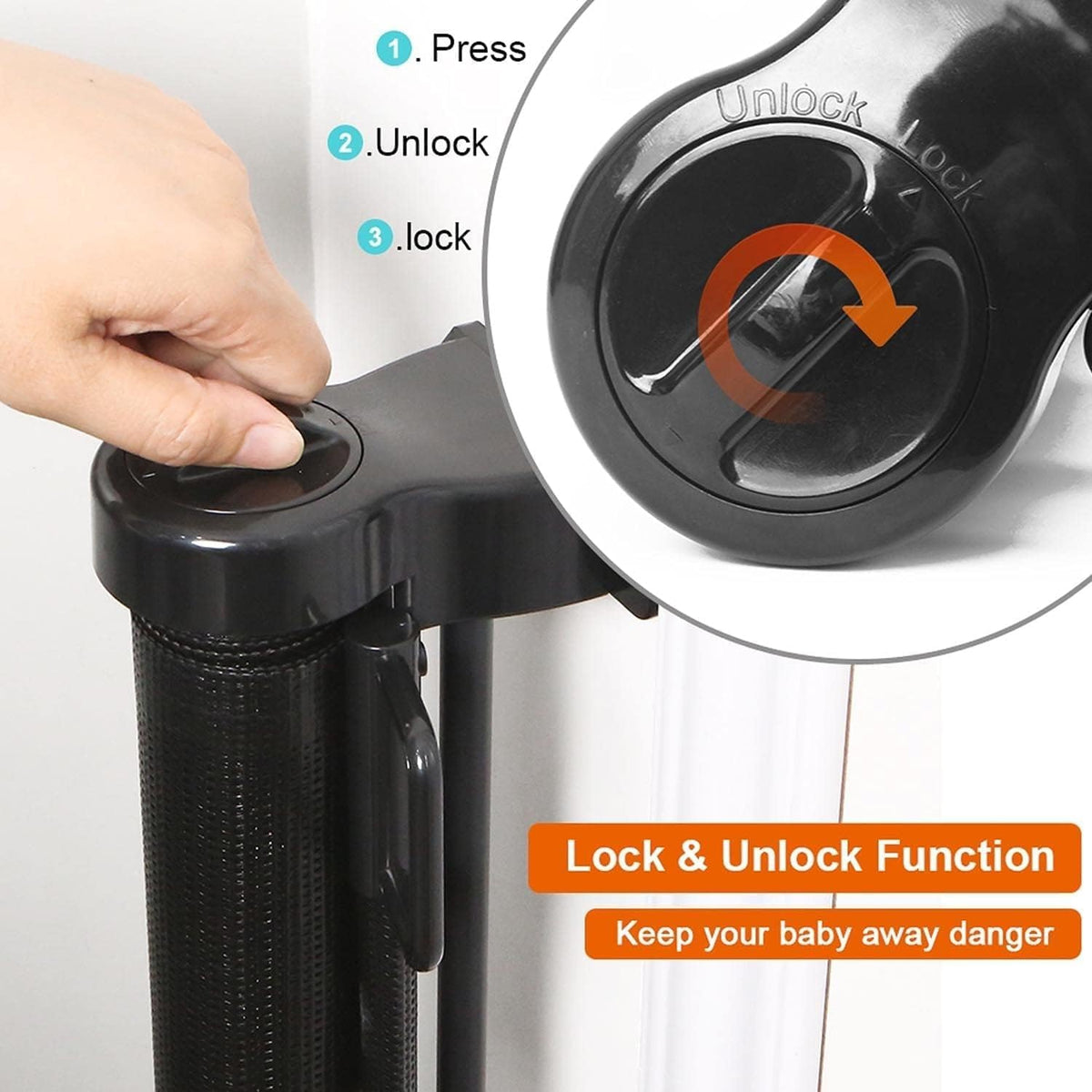 SKY-TOUCH Retractable Baby Safety Gate (180 x 86 cm Mesh Pet Gate) – Drill-Mount Installation, Adjustable Width Suitable for Stairs, Doorways, and Hallways, Black