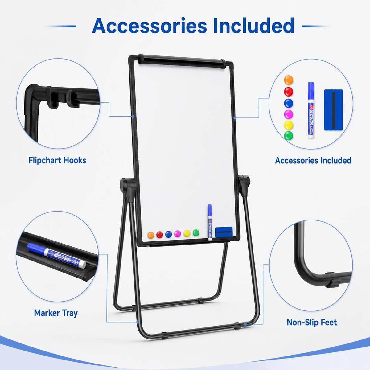 SKY-TOUCH Magnetic Whiteboard Easel 60 x 90 cm, Double-Sided Dry Erase Flipchart Board with Stand, Height Adjustable 360° Rotating Mobile White Board for School, Home, Office and Teaching