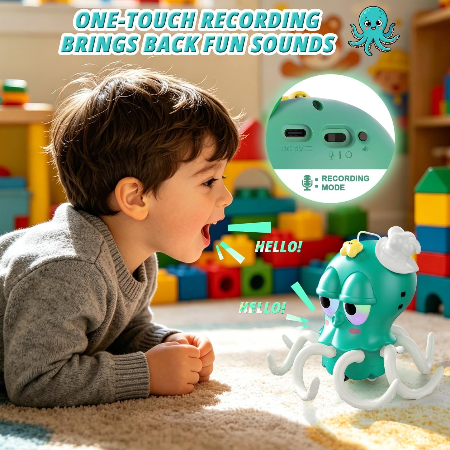 SKY-TOUCH Dancing Octopus Kids Toy, Baby Tummy Time Crawling Toys, Dancing Squid with Music & Light for Boys Girls, Infant Learning Crawling Walking Toy Toddler Birthday Gifts, 18 month+