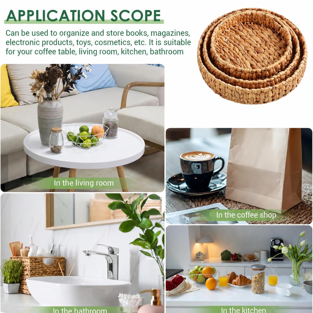 SKY-TOUCH Wicker Storage Tray Baskets Set of 3, Handwoven Grass Organizer Trays, Rustic Woven Baskets for Coffee Table, Cabinet, Shelf, Fruit and Home Decor
