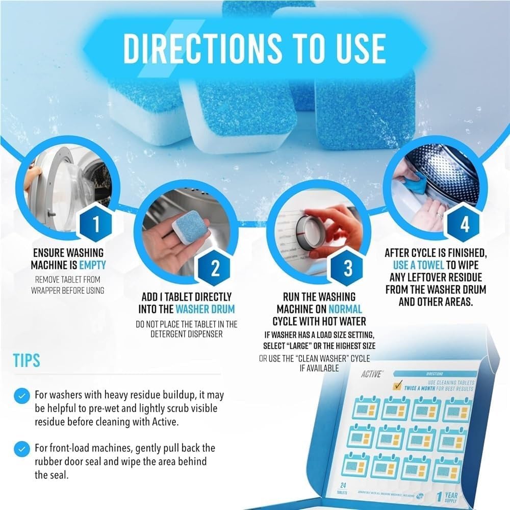 SKY-TOUCH 24 Pack Washing Machine Cleaner Tablets, Deep Cleaning Descaler for HE Front Load & Top Load Washers, Removes Odor, Residue & Limescale, Laundry Drum Cleaning Supplies