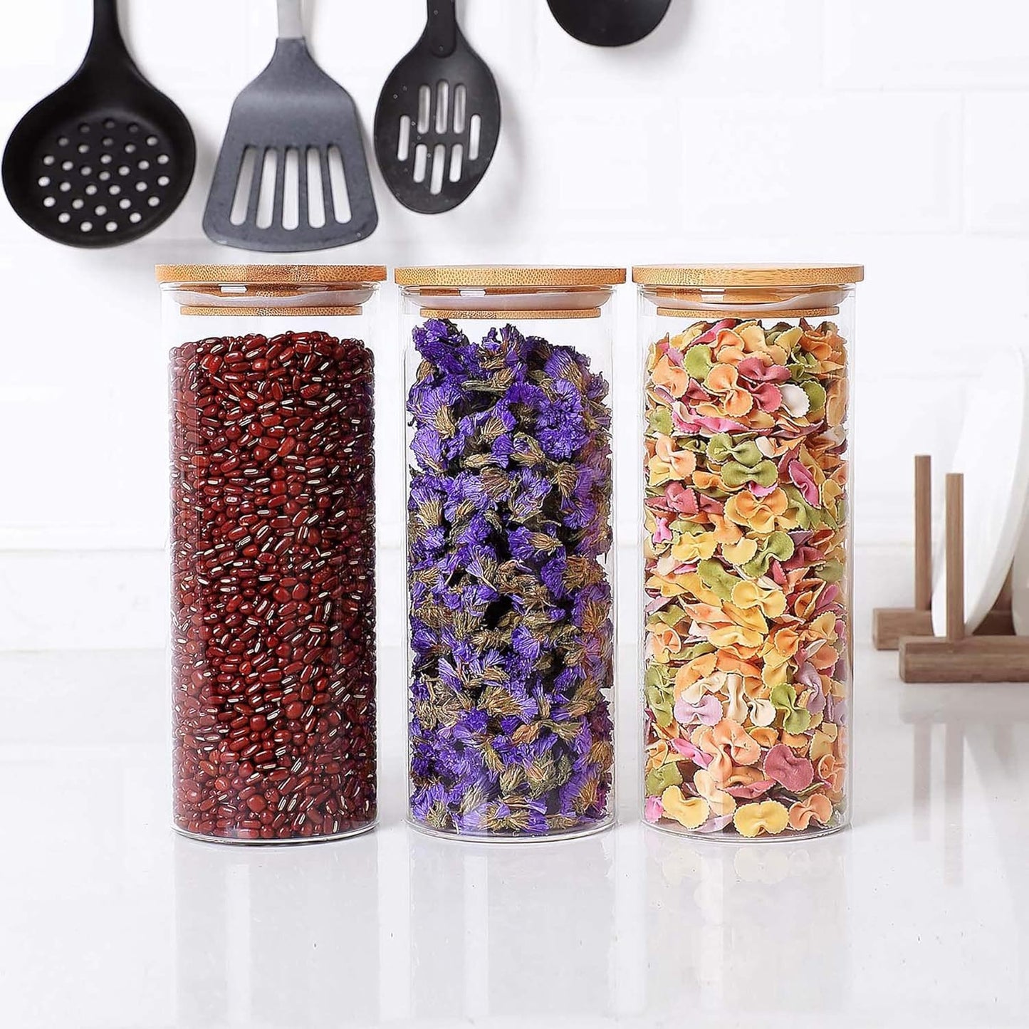 SKY-TOUCH 3 PACK Airtight Glass Jars with Bamboo Lids, Storage Jars with Labels, Airtight Food Containers, Clear Glass Bulk Food Canister for Food, Coffee, Spice, Sugar, Herb, Cookie, Tea, 10x10x30cm
