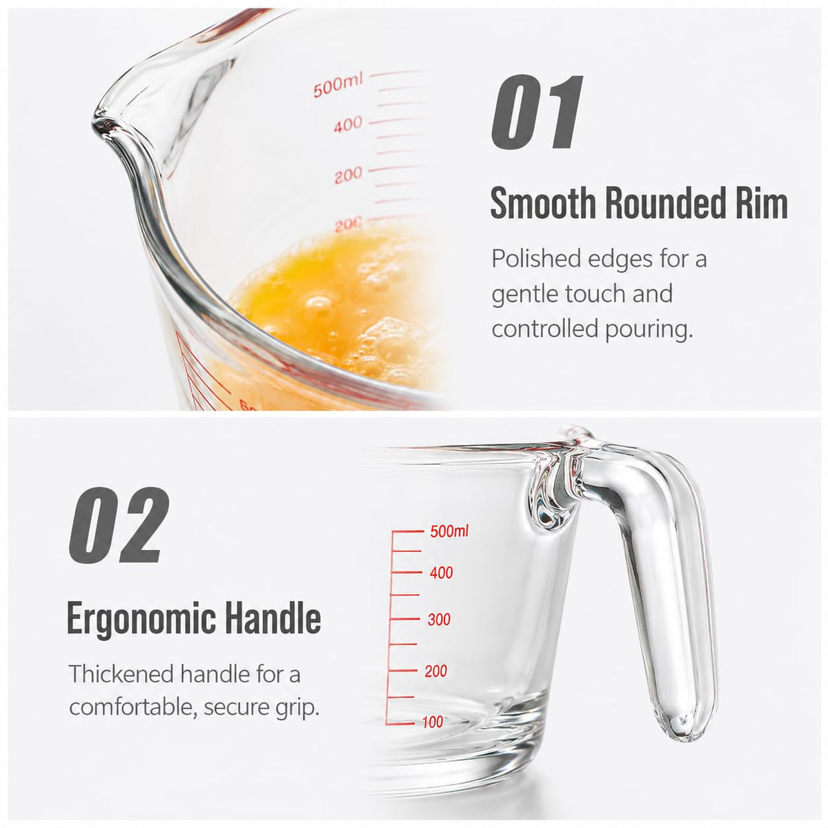 SKY-TOUCH 1000ml Glass Measuring Cup, Heat-Resistant Borosilicate Measuring Jug with Easy-Read Red Markings, Precision Pour Spout & Ergonomic Handle for Baking, Cooking, Mixing and Microwave Use