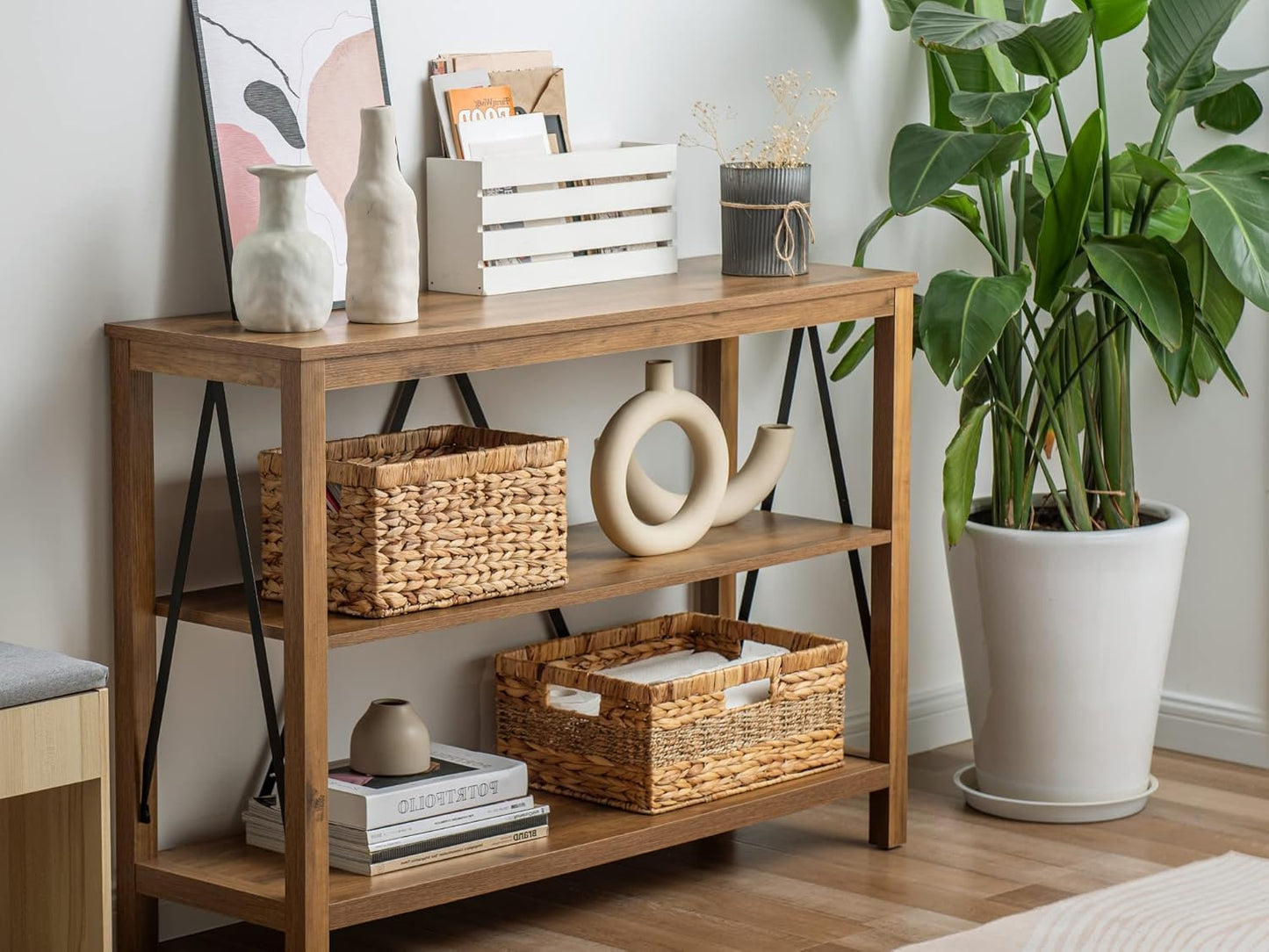SKY-TOUCH Wicker Storage Baskets Set of 3, Handwoven Paper Rope Baskets with Wooden Handles, Decorative Organizer for Tabletop, Cabinet, Shelf, Pantry and Home Storage
