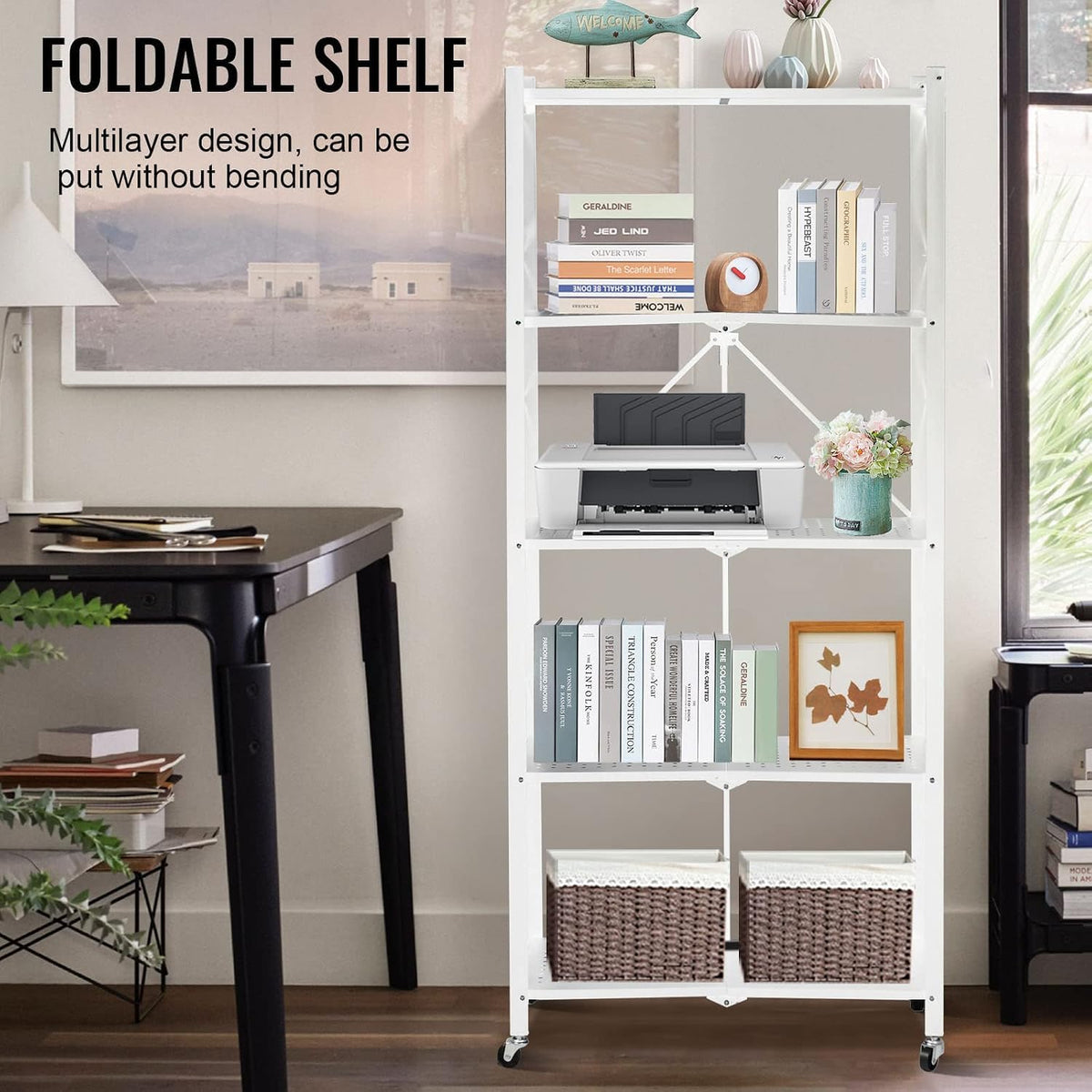 SKY-TOUCH 5 Tier Thickened Foldable Storage Shelves with Wheels, Heavy-Duty Metal Standing Shelf Units, Large Capacity Storage Racks for Kitchen, Garage, Basement, Tool Room, No Assembly (White)