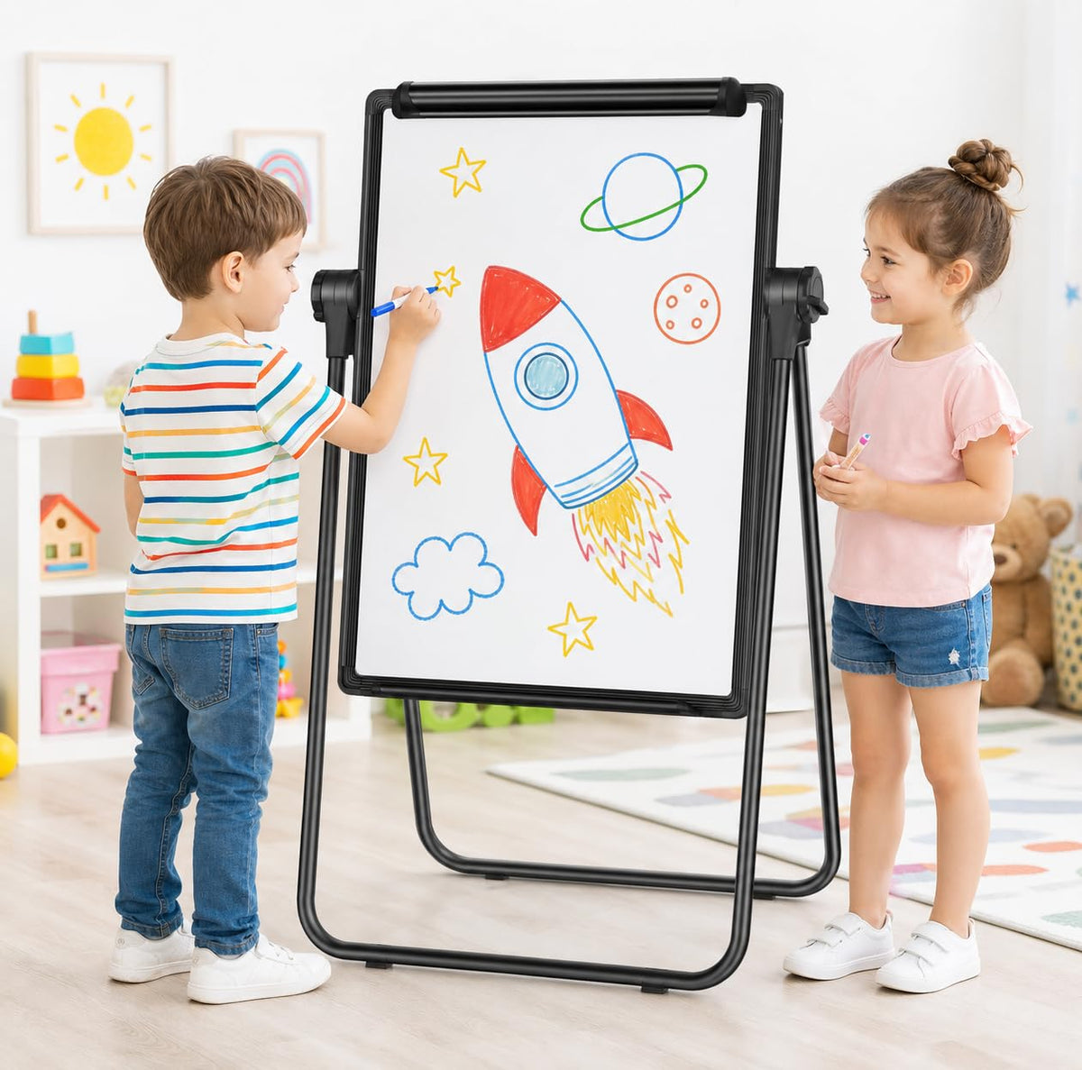 SKY-TOUCH Magnetic Whiteboard Easel 60 x 90 cm, Double-Sided Dry Erase Flipchart Board with Stand, Height Adjustable 360° Rotating Mobile White Board for School, Home, Office and Teaching
