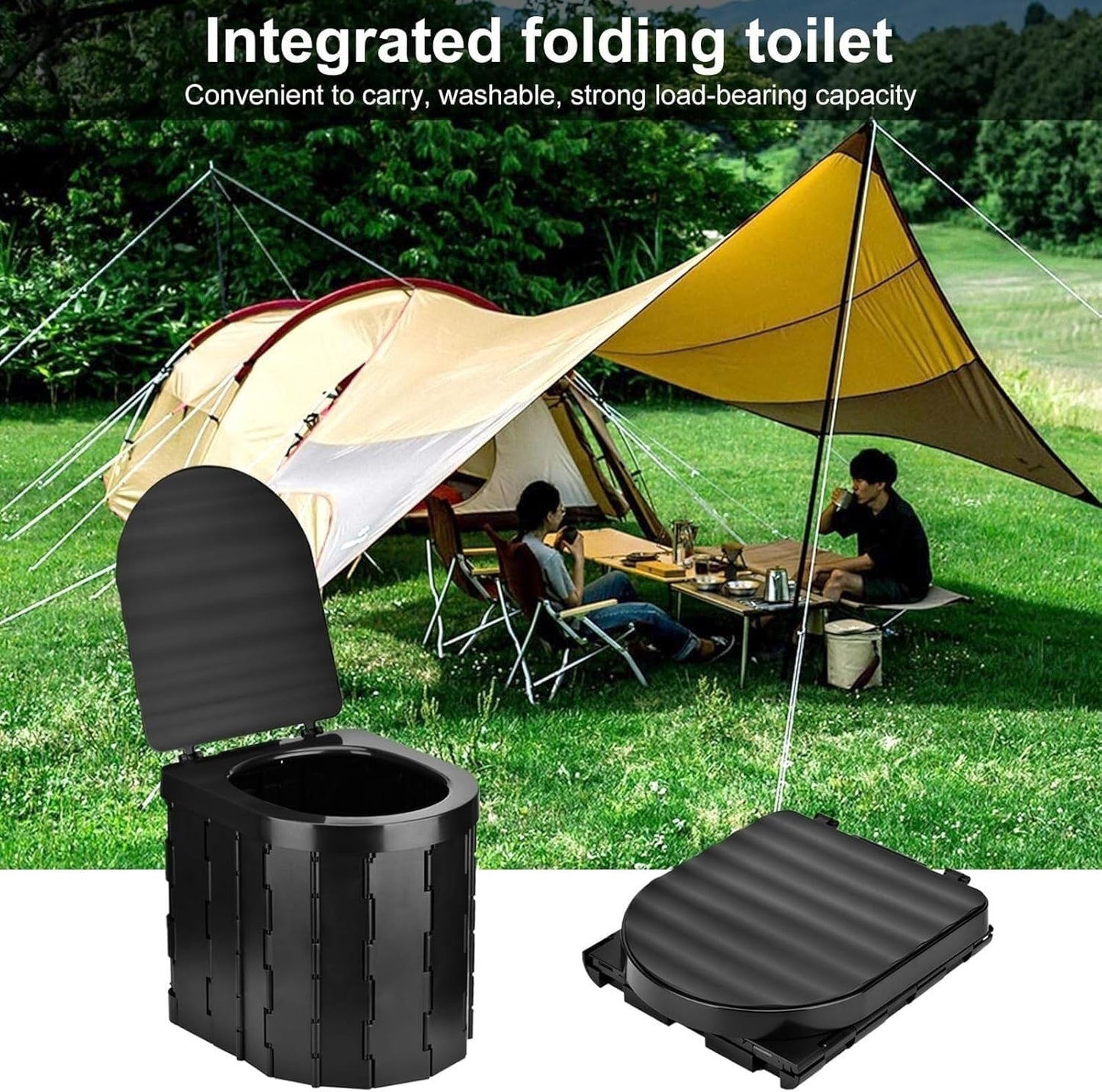 Sky-Touch Foldable Camping Toilet, Portable Travel Commode for Adults, Comes with Paper Holder, Garbage Bag and Curing Agent, Hiking, Road Trips, Beach, Emergency Use