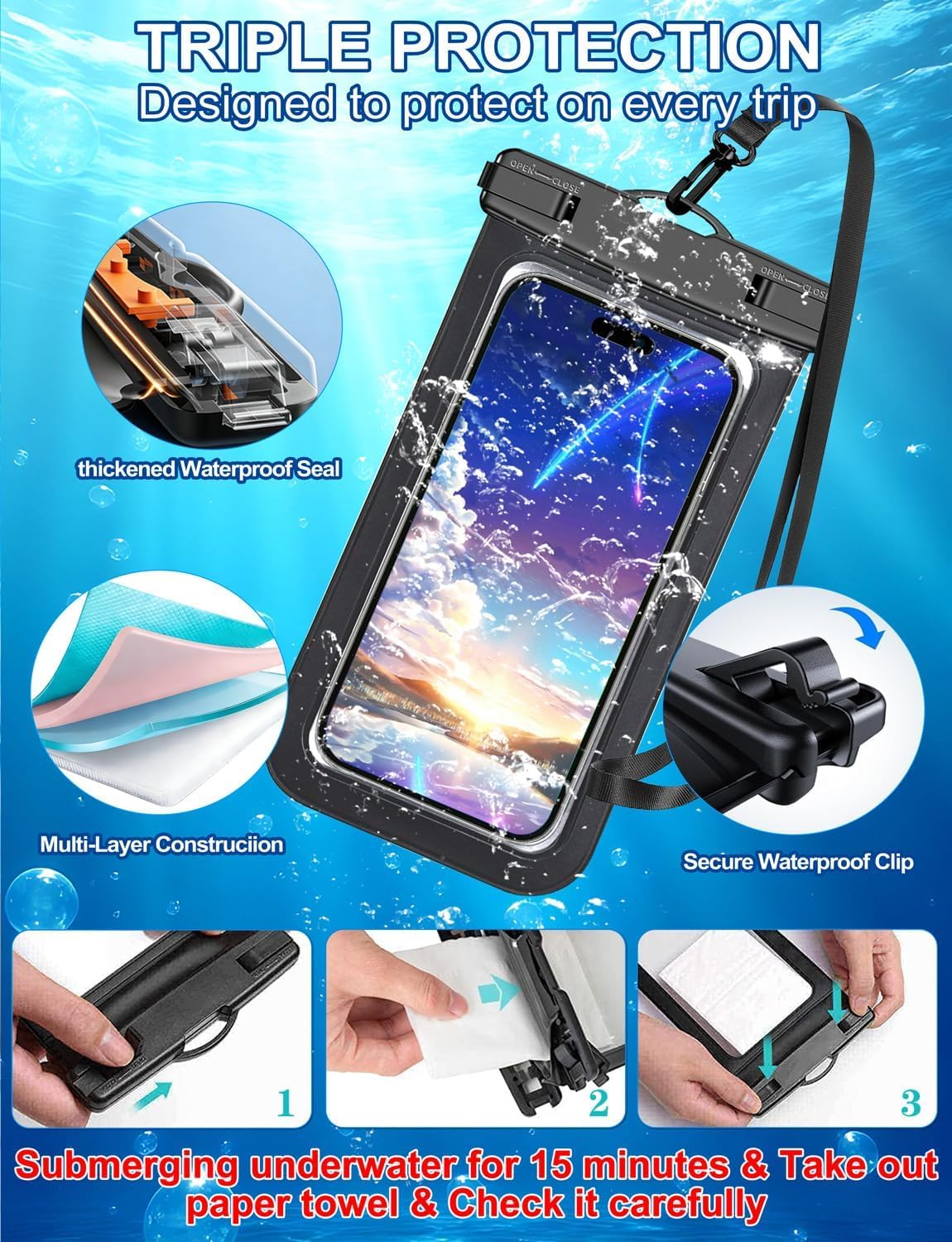 SKY-TOUCH 2PCS Universal Waterproof Phone Pouch Case, IPX8 Cell Phone Dry Bag for iPhone 13 12 11 Pro Max Plus XR X SE, Samsung Galaxy S22 S21 S20 S10 S9 S8, Devices up to 7.0 Inch, Black