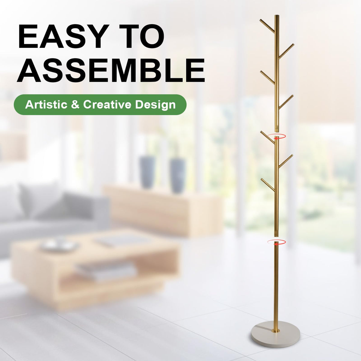SKY-TOUCH Free Standing Hall Coat Tree with 7 Hooks, Stand Tree Rack with Marble Round Base, Entryway Coat Stand for Purses, Clothes, Scarves, for Hallway, Bedroom, Living Room, Golden-170*30*30cm