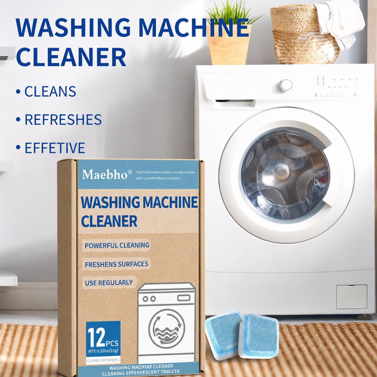 SKY-TOUCH 24 Pack Washing Machine Cleaner Tablets, Deep Cleaning Descaler for HE Front Load & Top Load Washers, Removes Odor, Residue & Limescale, Laundry Drum Cleaning Supplies