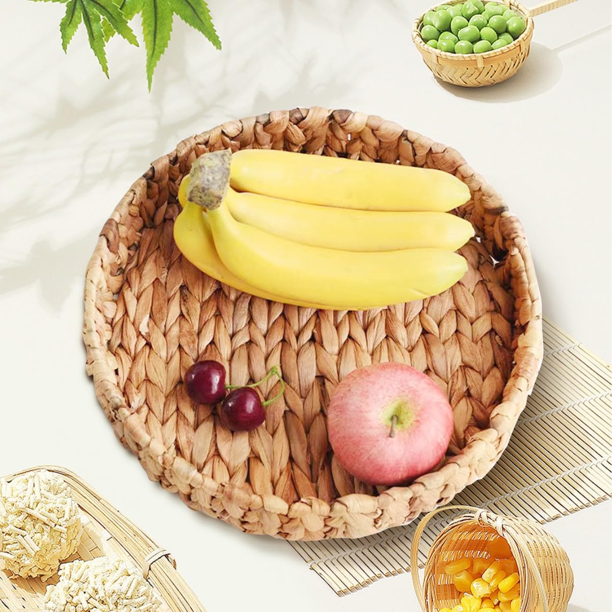 SKY-TOUCH Wicker Storage Tray Baskets Set of 3, Handwoven Grass Organizer Trays, Rustic Woven Baskets for Coffee Table, Cabinet, Shelf, Fruit and Home Decor