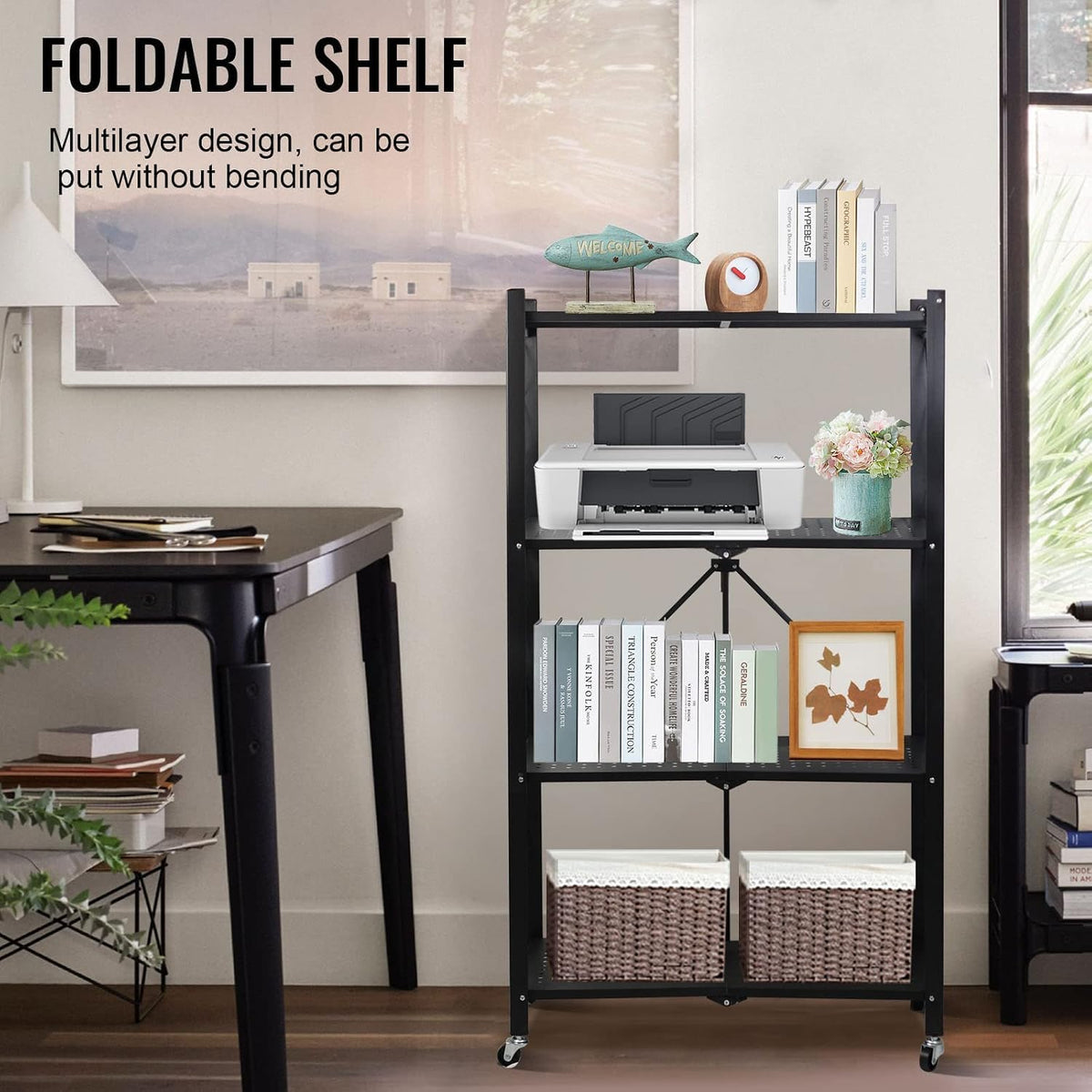 SKY-TOUCH 4 Tier Thickened Foldable Storage Shelves with Wheels, Heavy-Duty Metal Standing Shelf Units, Large Capacity Storage Racks for Kitchen, Garage, Basement, Tool Room, No Assembly (Black)