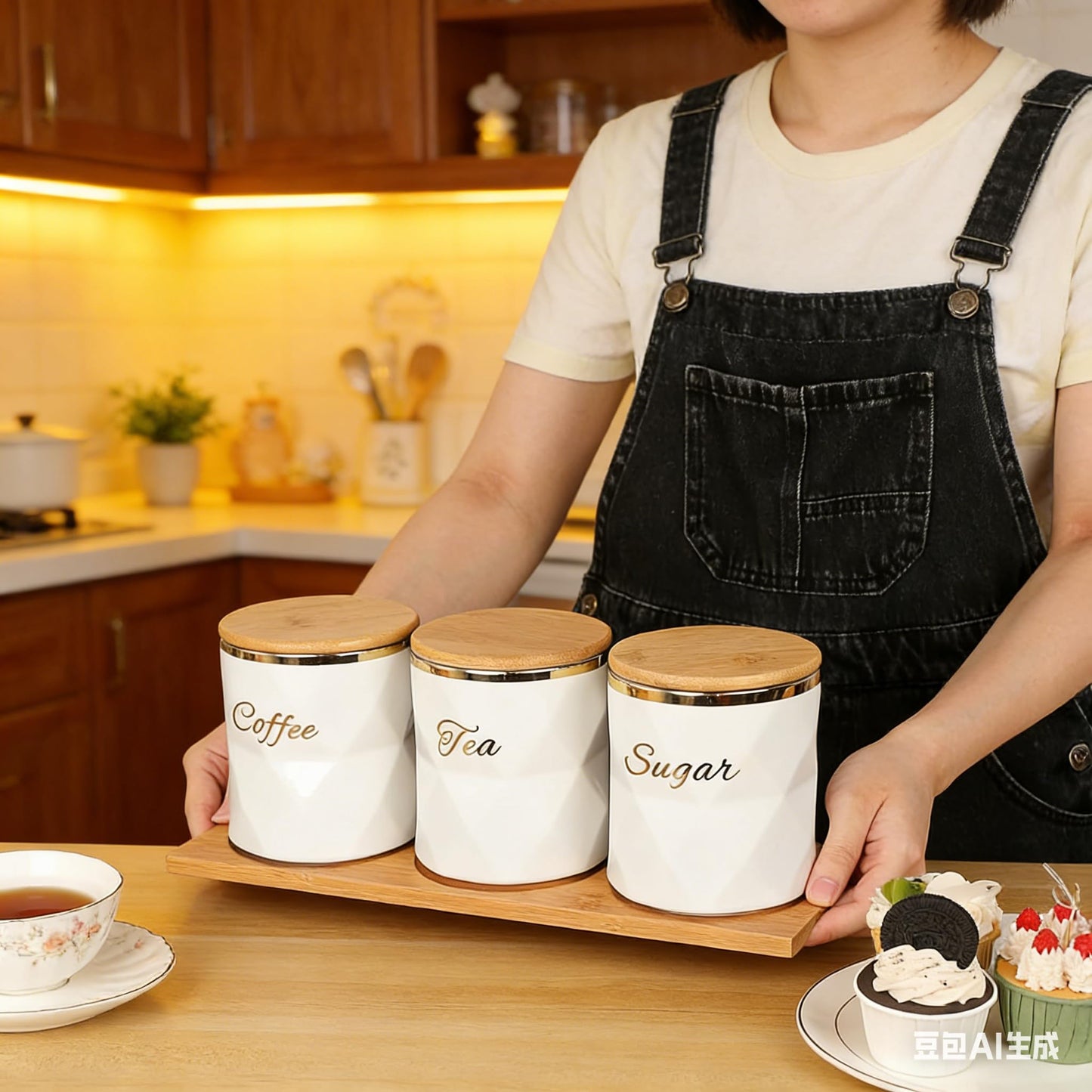 SKY-TOUCH Ceramic Canisters Set of 3 - Airtight Storage Jars for Sugar, Coffee & Tea | Elegant Kitchen Counter & Dining Room Decor with Lids
