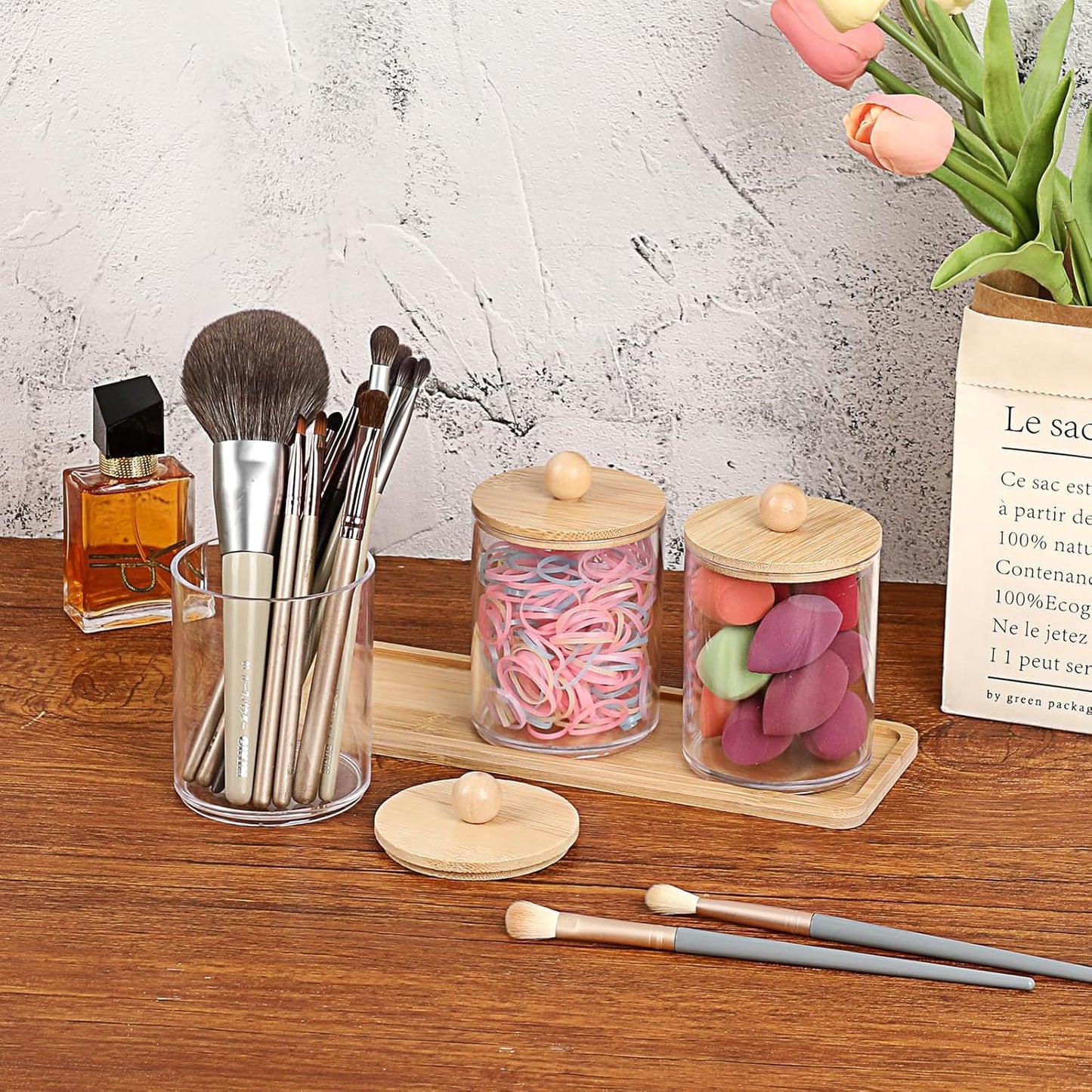 SKY-TOUCH 3-Pack Bathroom Jars Qtip Jars with Bamboo Lids, Acrylic Clear Apothecary Canisters for Cotton Balls, Q-tips, Floss, and Swabs – Includes Tray for Organized Bathroom Accessories