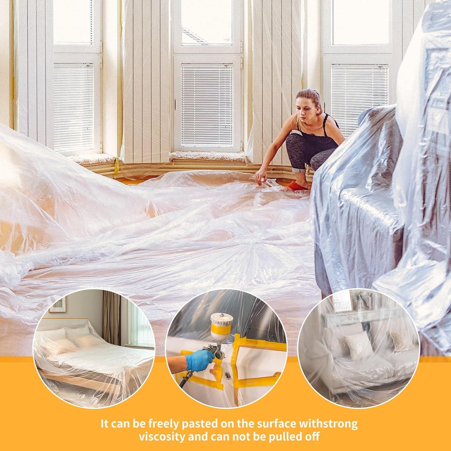 SKY-TOUCH 2 Rolls Plastic Dustproof Cloth, Decorative Plastic Dustproof Cloth, 4.5m x 20m Waterproof Masking Film roll, Pre-applied Tape, Suitable for Furniture Painting and Masking