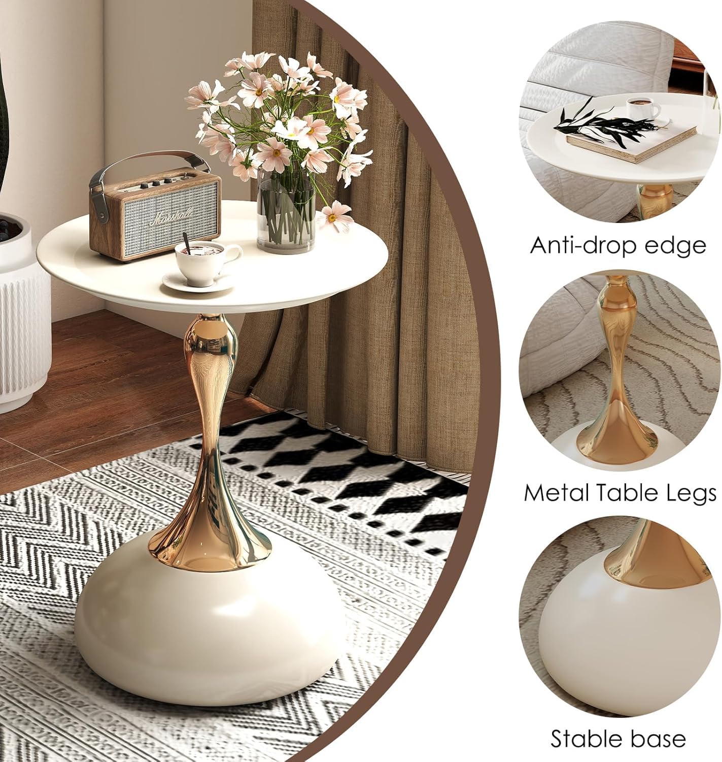 SKY-TOUCH Round Side Table, Slim-waisted Sofa Side Table, Modern Minimalist Style, Electroplated Metal Frame, Suitable For Small Spaces, Living Rooms, And Bedrooms, 39 * 39 * 55cm White