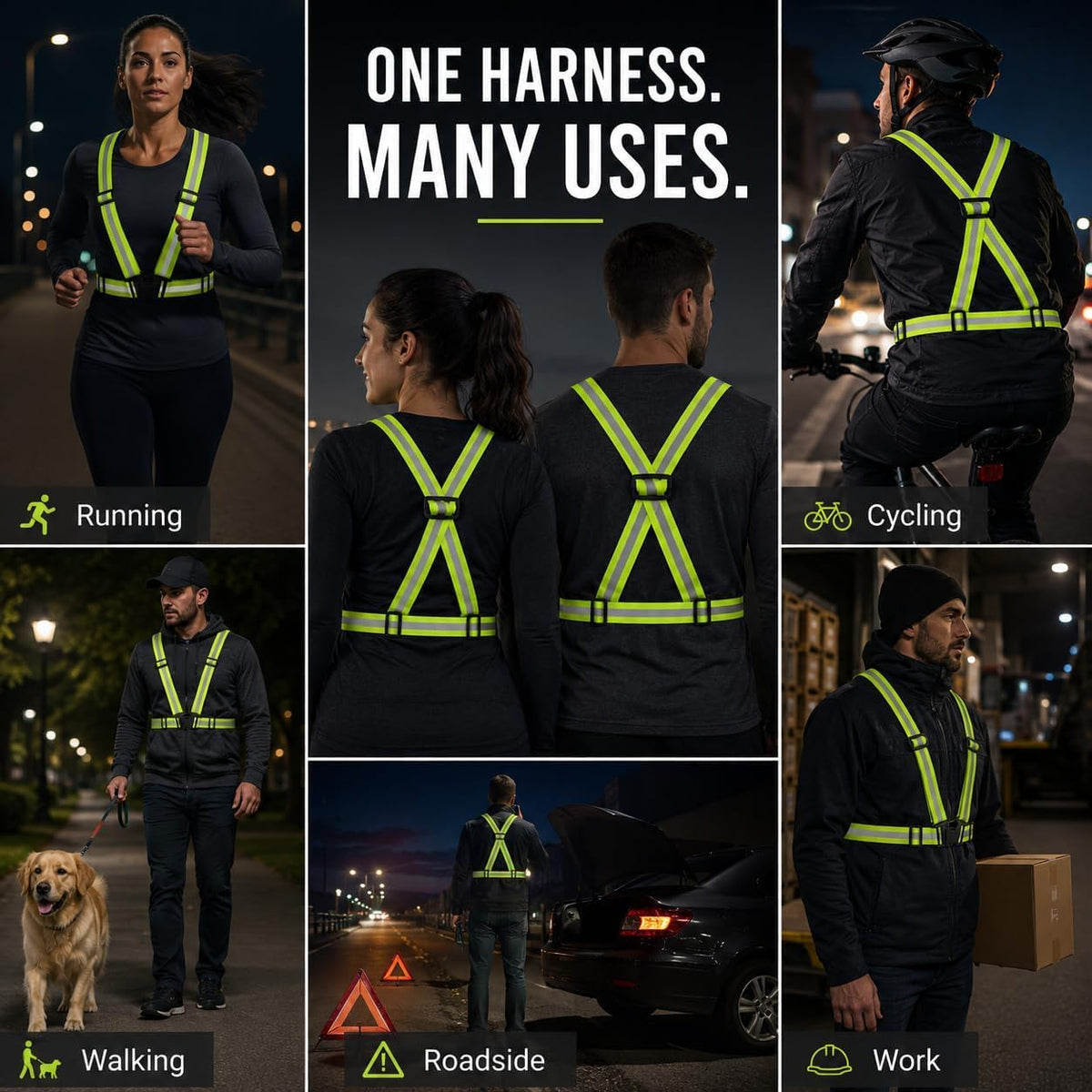 SKY-TOUCH Reflective Safety Harness/Elastic Safety Vest—Designed for Walking, Jogging, and Hhiking Lightweight Breathable and Adjustable Elastic Strap Width: 4 cm Reflective Strip Width: 1.5 cm Green