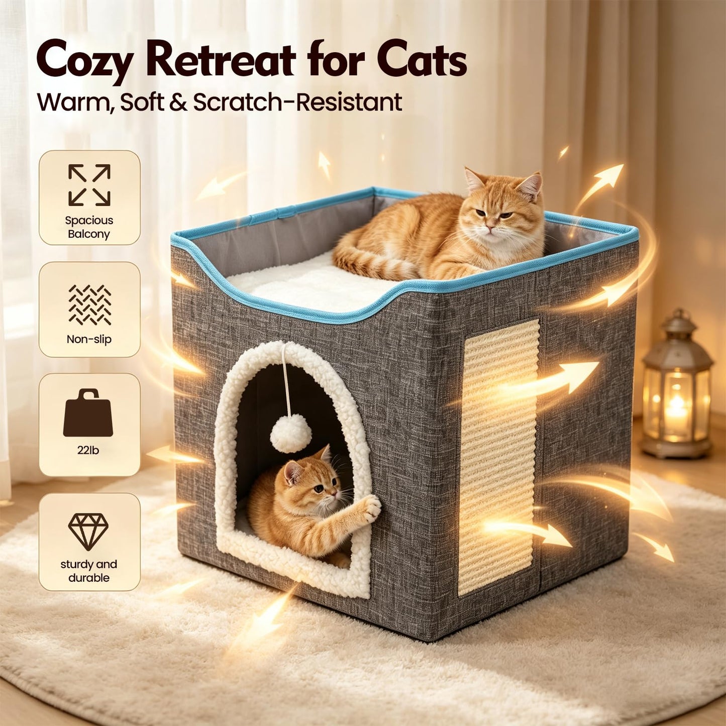 SKY-TOUCH Foldable Cat House Cave Bed with Scratching Board & Fluffy Ball, Indoor Cat Igloo Bed for Multi Small Pets, Grey – Pet Safe Durable, 41x41x35cm