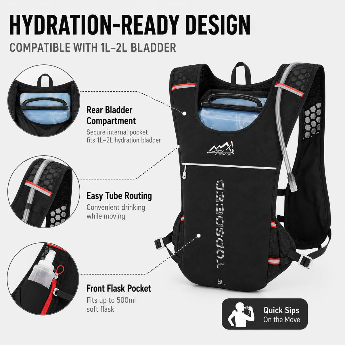 SKY-TOUCH 5L Hydration Vest Backpack for Men & Women, 250g Lightweight Breathable Running Pack, Compatible with 1L-2L Water Bladder, Adjustable Trail Cycling Hiking Bag, Black