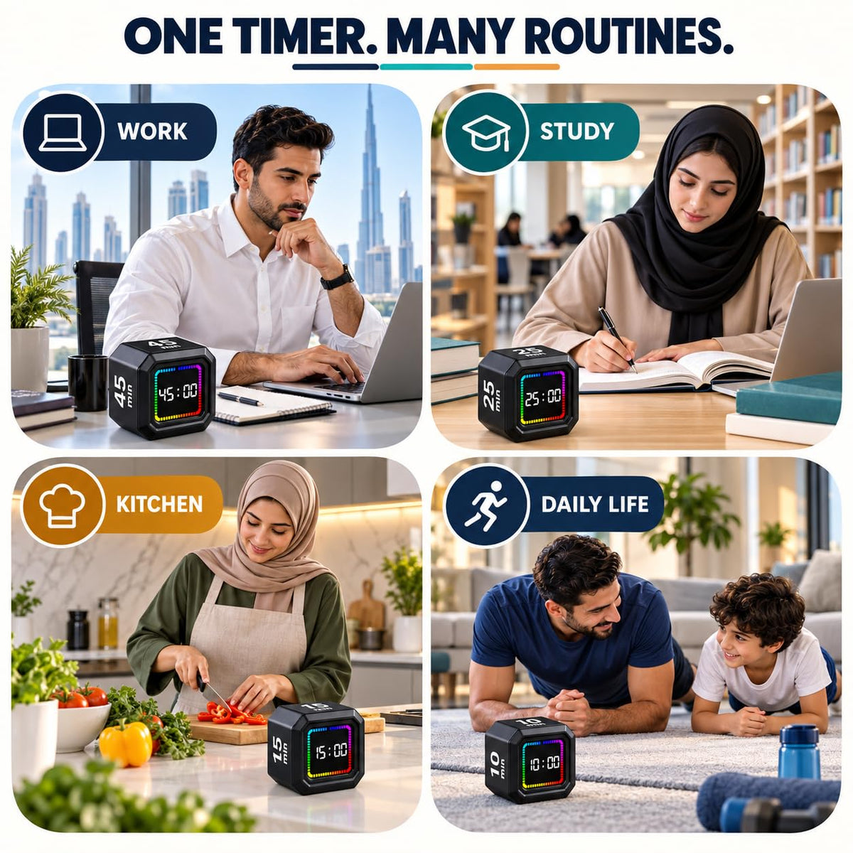 SKY-TOUCH Cube Timer, Flip Gravity Visual Timer with 5/10/25/45 Min Presets, Custom Count Up/Down, Magnetic Back, Rechargeable, 3 Alert Modes for Study, Work, Cooking (Black)