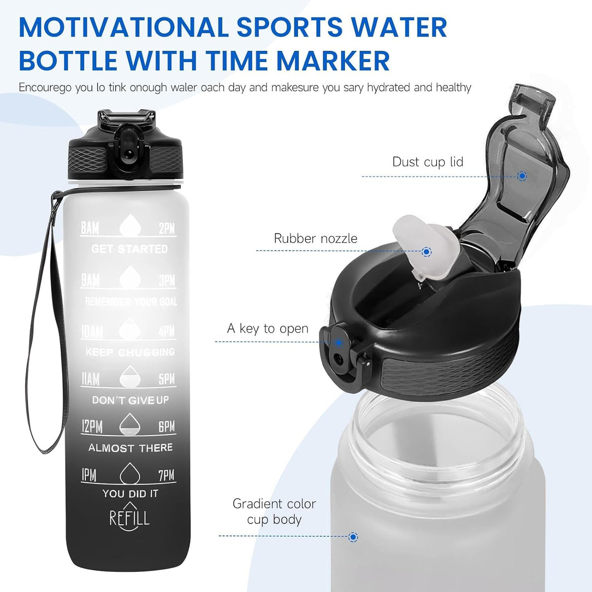 SKY-TOUCH 1L Sports Water Bottle : Motivational Water Bottle with Time Marker and Straw Leakproof Water Bottles for Fitness Gym and Outdoor Sports Black&White