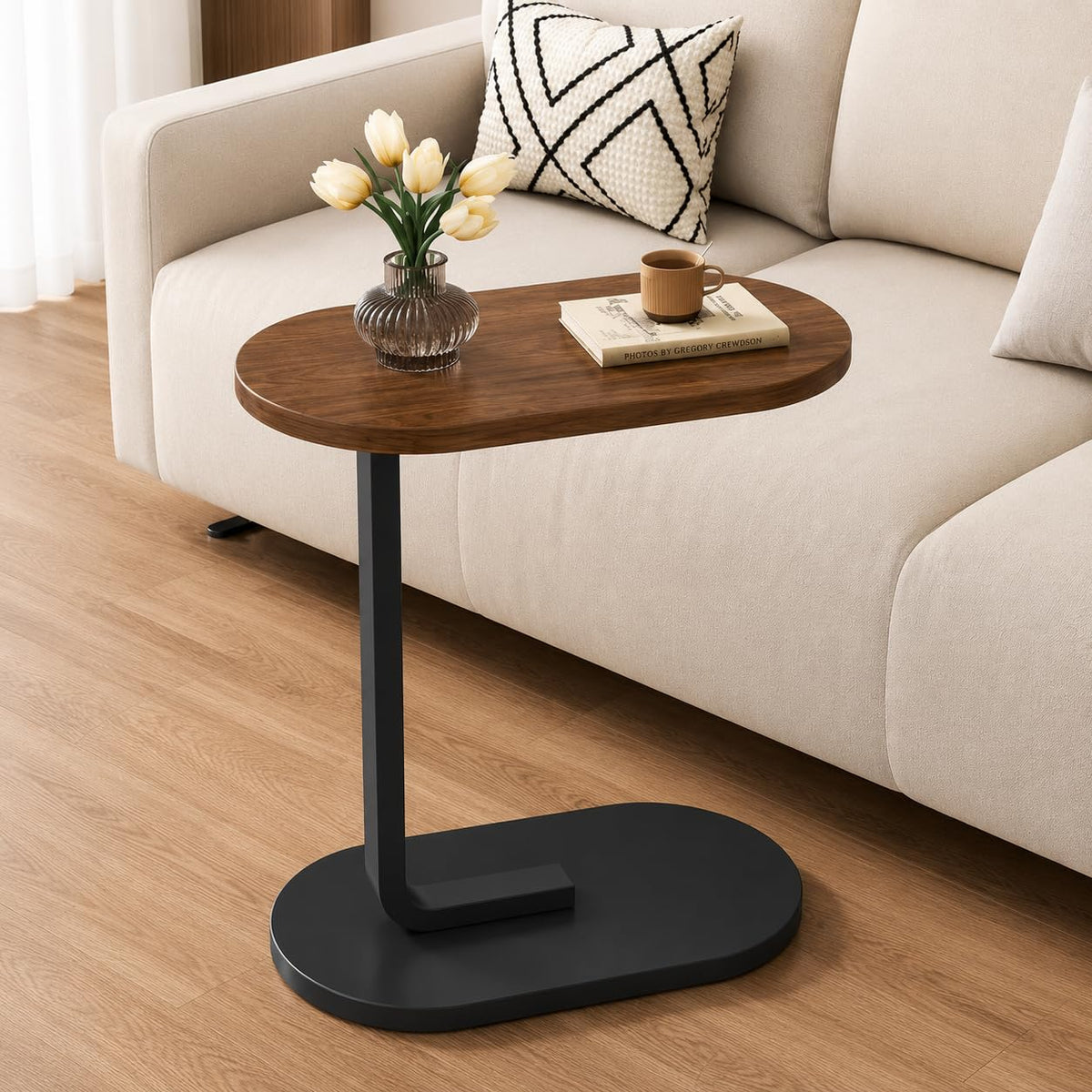 SKY-TOUCH C-Shaped End Table, Small Side Table for Couch, Sofa table, Perfect Snack Table with Metal Frame for Bedroom, Living Room & Small Spaces, Overbed Tables (Walnut) - 45x28x58.5cm