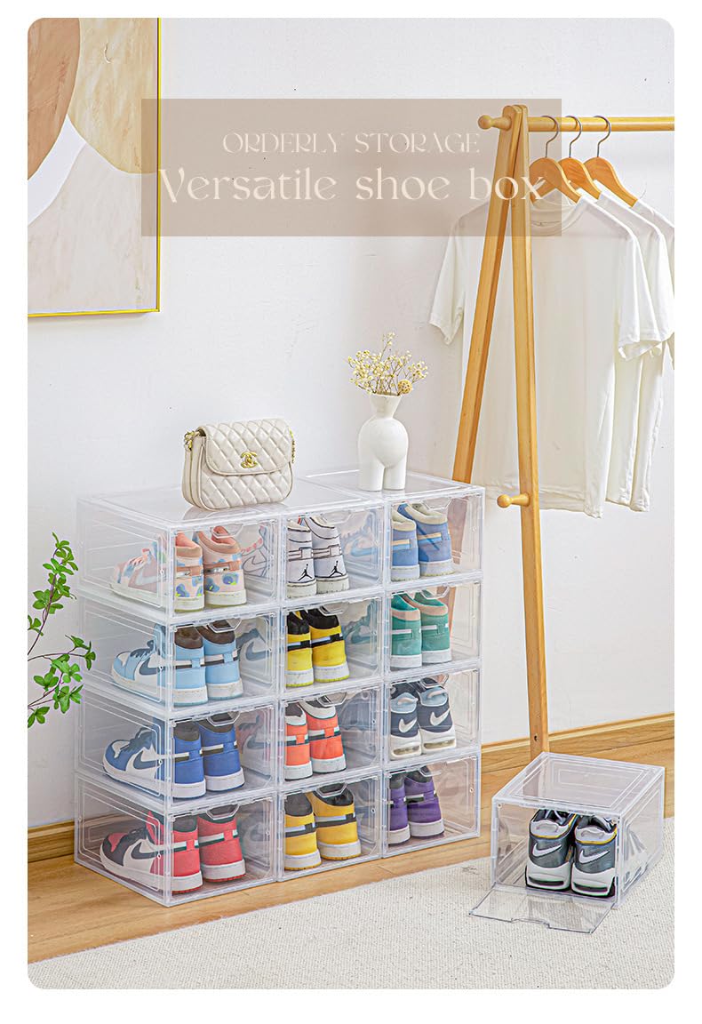 SKY-TOUCH Shoe Storage Box, 6 Pcs Shoe Box Clear Plastic Stackable, Sturdy Foldable Shoe Organizer Containers with Magnetic Door for Women/Men, White, 33.5x25x18cm