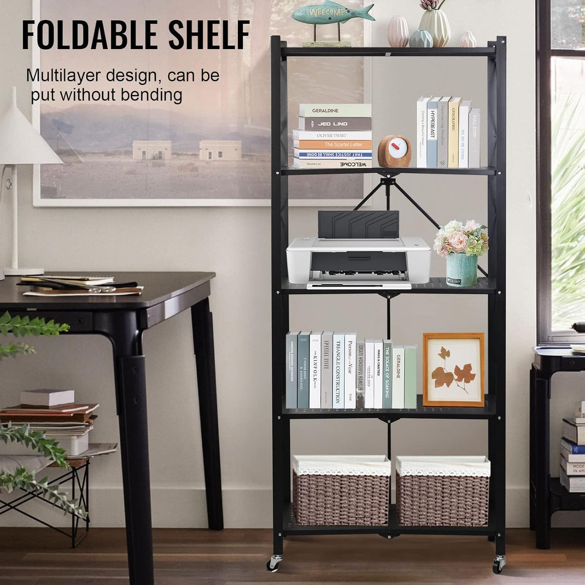 SKY-TOUCH 5 Tier Thickened Foldable Storage Shelves with Wheels, Heavy-Duty Metal Standing Shelf Units, Large Capacity Storage Racks for Kitchen, Garage, Basement, Tool Room, No Assembly (Black)