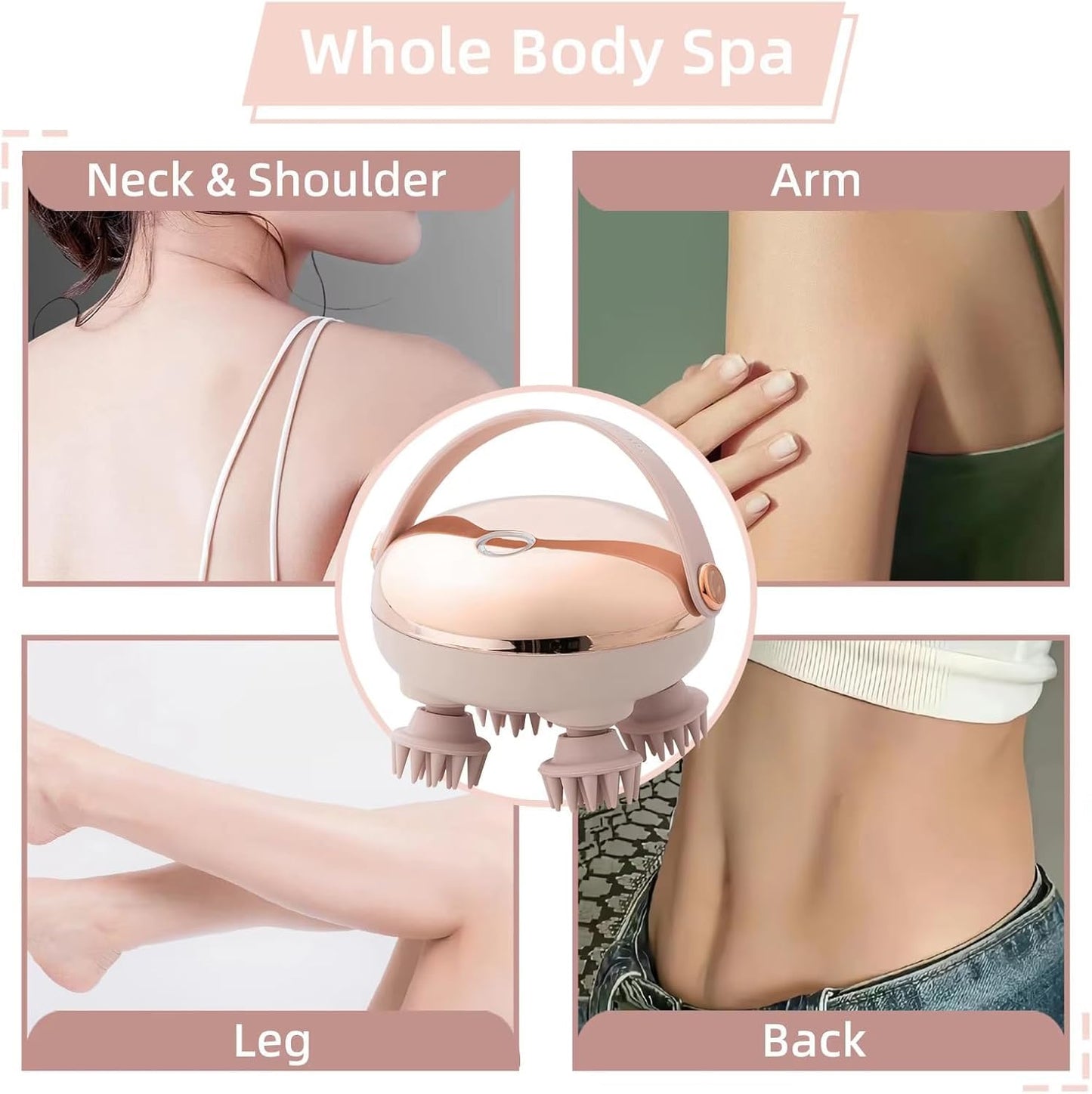 SKY-TOUCH Handheld Head Massager,Full Body Portable Massager,2 Massage Modes with 4 Silicone Massage Heads, 360° Rotating Kneading, Wet & Dry Use
