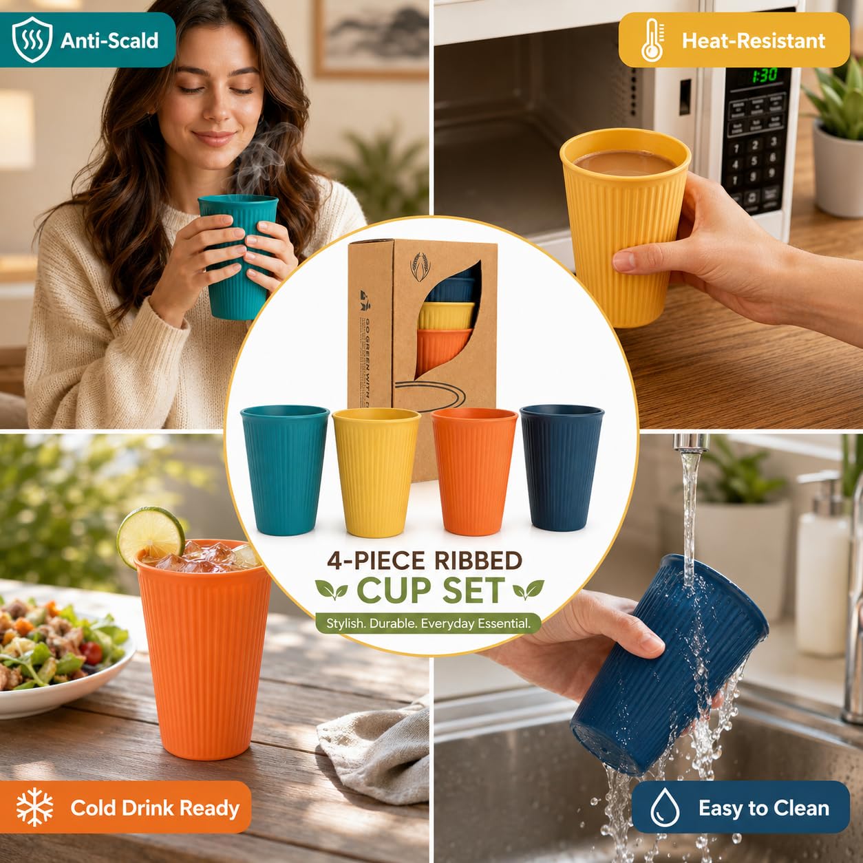 SKY-TOUCH 4 Pack Wheat Straw Cups, 12 oz Reusable Unbreakable Drinking Cups with 3D Textured Stripe Design, BPA-Free, Dishwasher Safe, Includes Yellow, Orange, Dark Blue & Dark Green