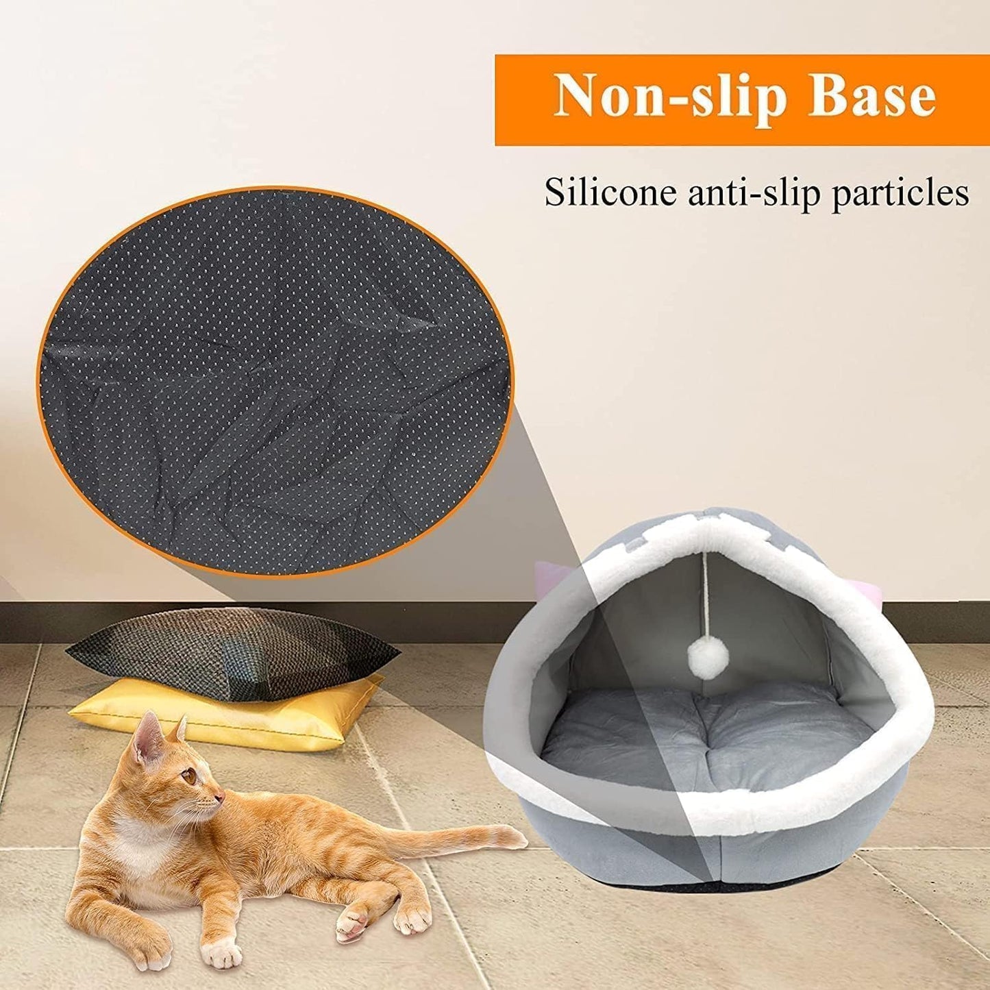 SKY-TOUCH Indoor Cat Bed, Semi-enclosed Cat Igloo Cave Bed for Indoor Kittens, Round Donut Cat House Nest with Fluffy Ball Hanging, Soft Pet Cat Cave for Cats with Anti-Slip Bottom, 48x45x40cm