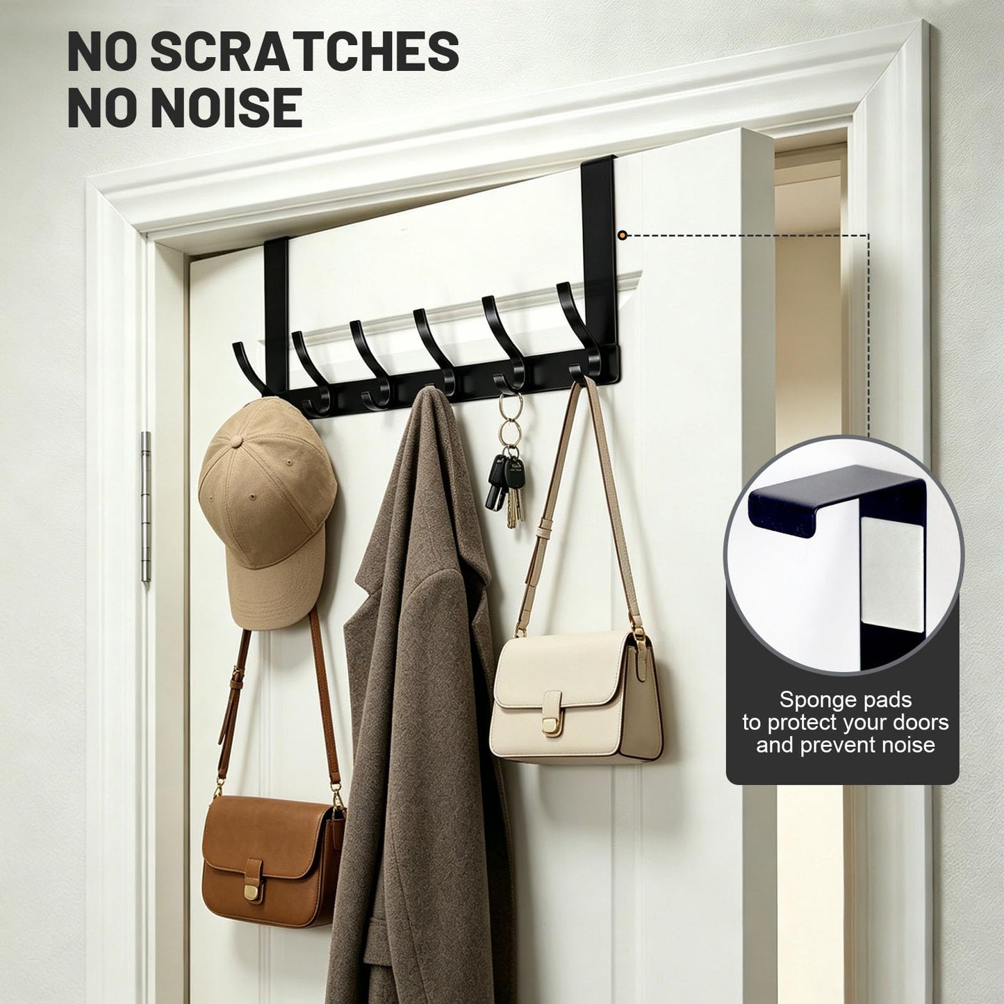 SKY-TOUCH Over Door Hook Hanger 6 Hooks, for Hanging Clothes, Hats, Coats, Towels, Robes - Rust Resistant Door Hanger with 6 Hooks, 20KG Maximum load, Aluminum, 40x18cm